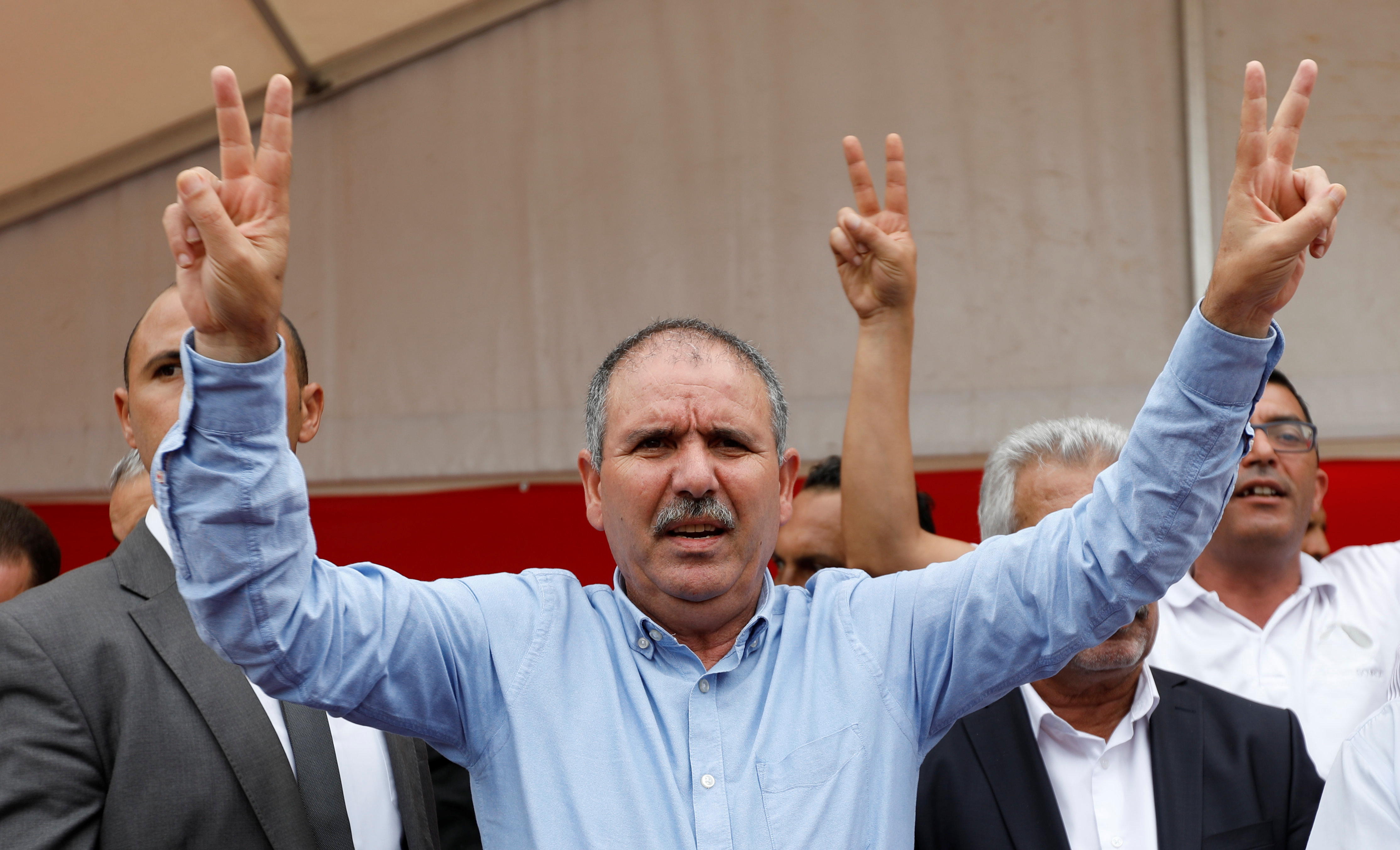 Noureddine Taboubi, secretary general of the Tunisian General Labour Union (UGTT), gestures during a workers' rally in Tunis, Tunisia