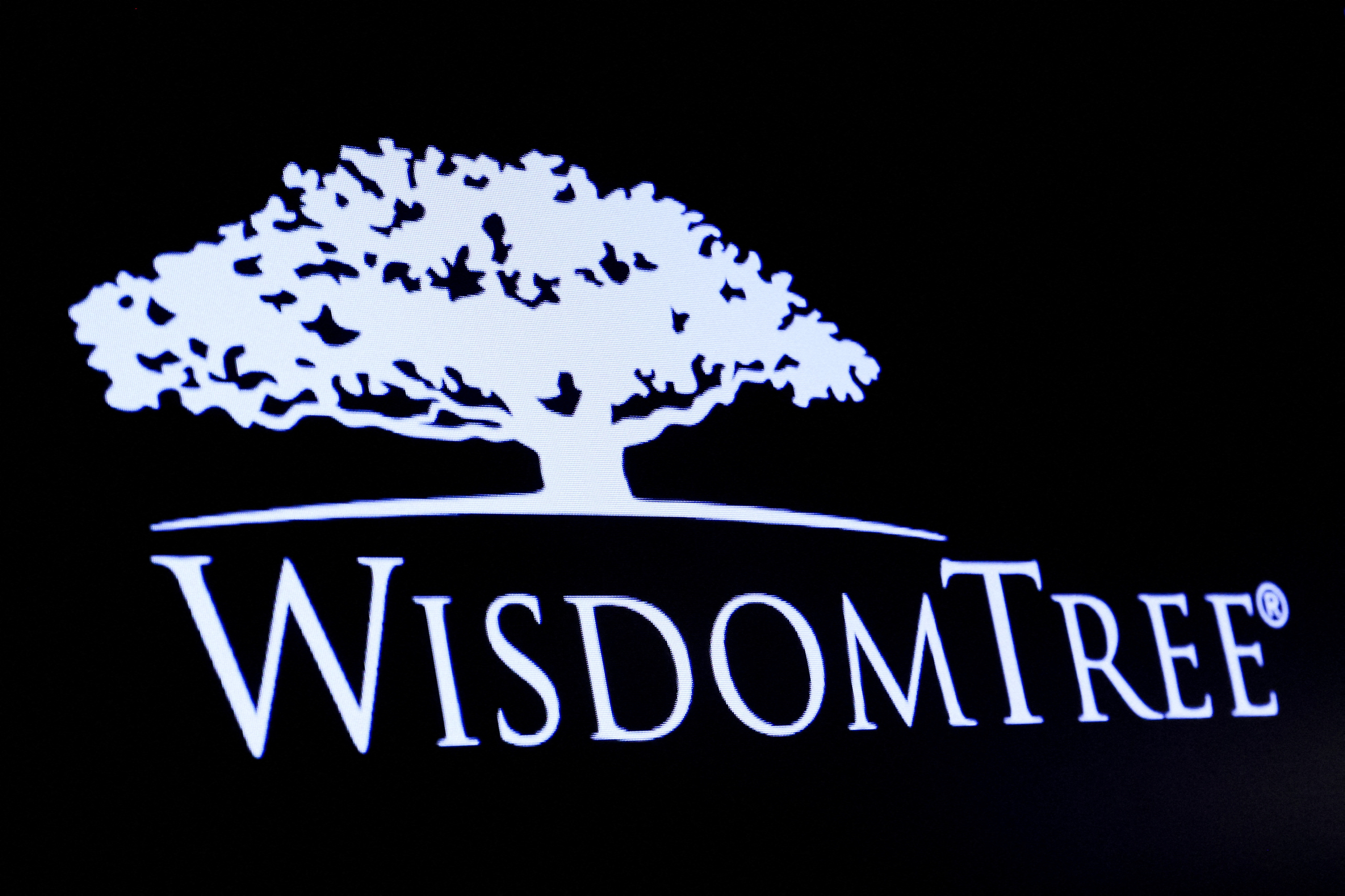 A screen displays the logo for WisdomTree following its debut on the floor of the NYSE in New York