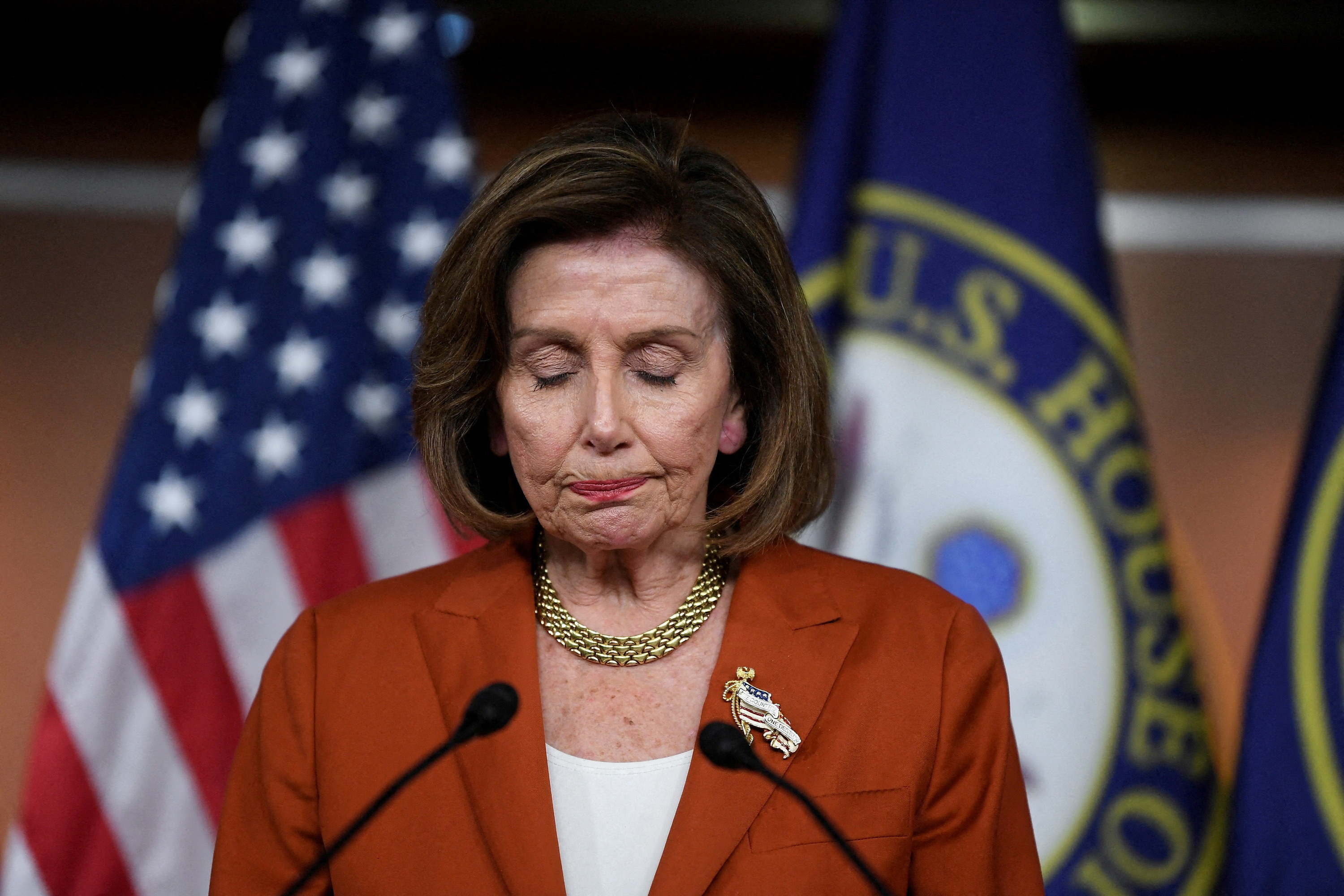 U.S. House Speaker Nancy Pelosi (D-CA) reacts to the overturning of Roe v Wade during her weekly news conference on Capitol Hill