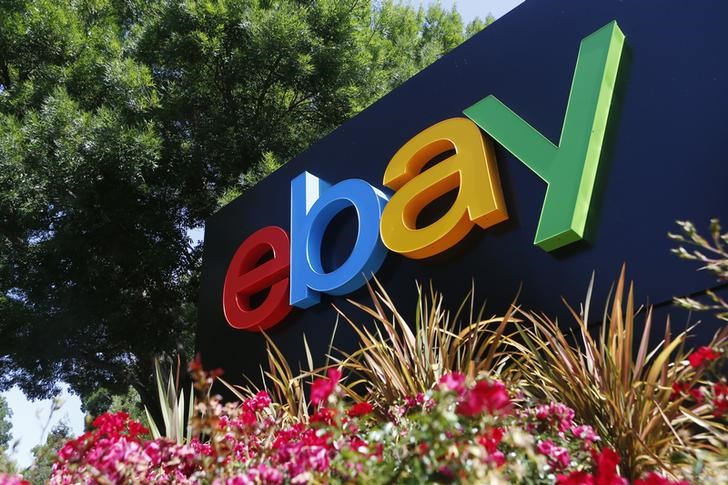 An eBay sign is seen at an office building in San Jose, California