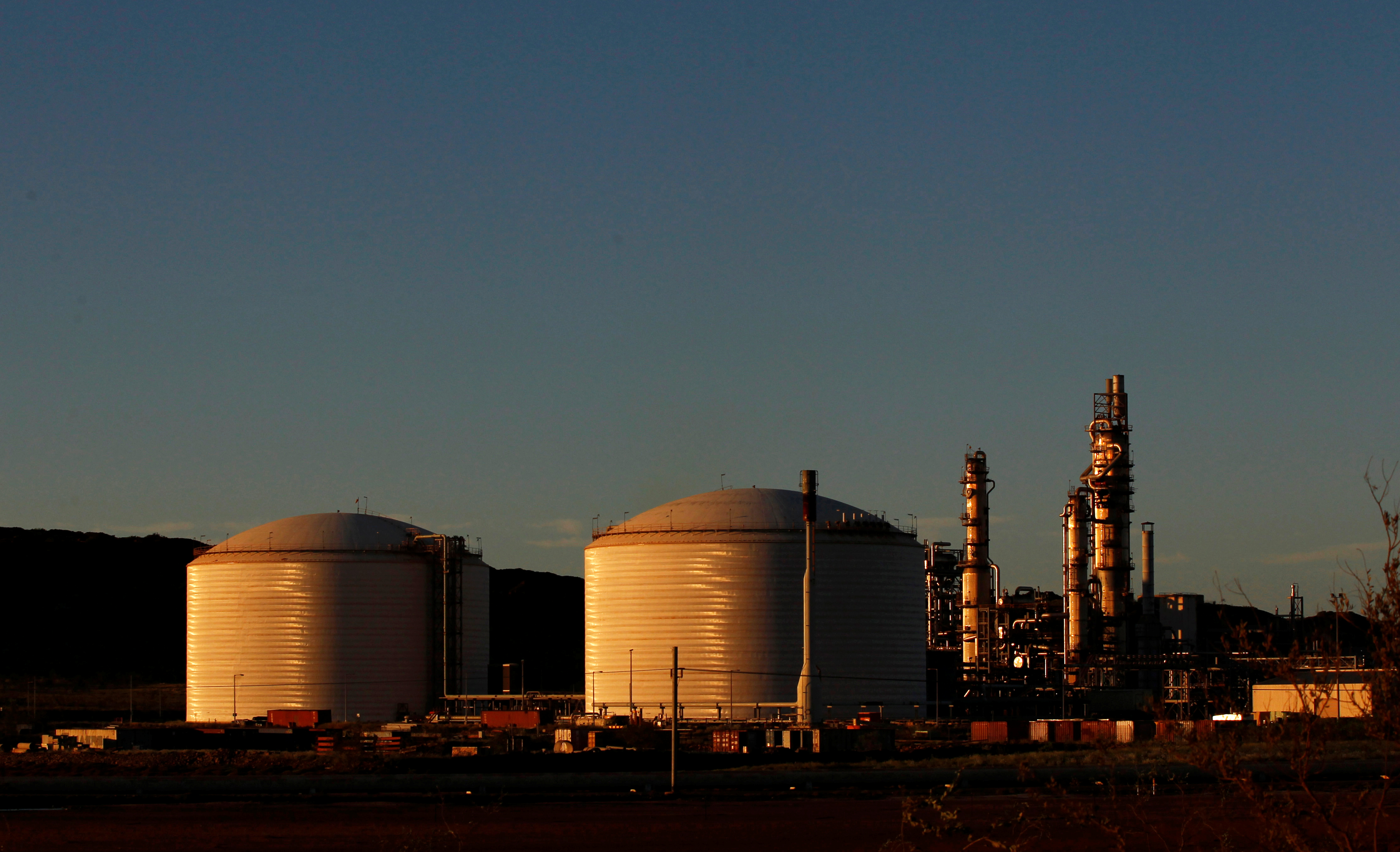 The Woodside gas plant is seen at sunset in Burrup at the Pilbarra region in Western Australia