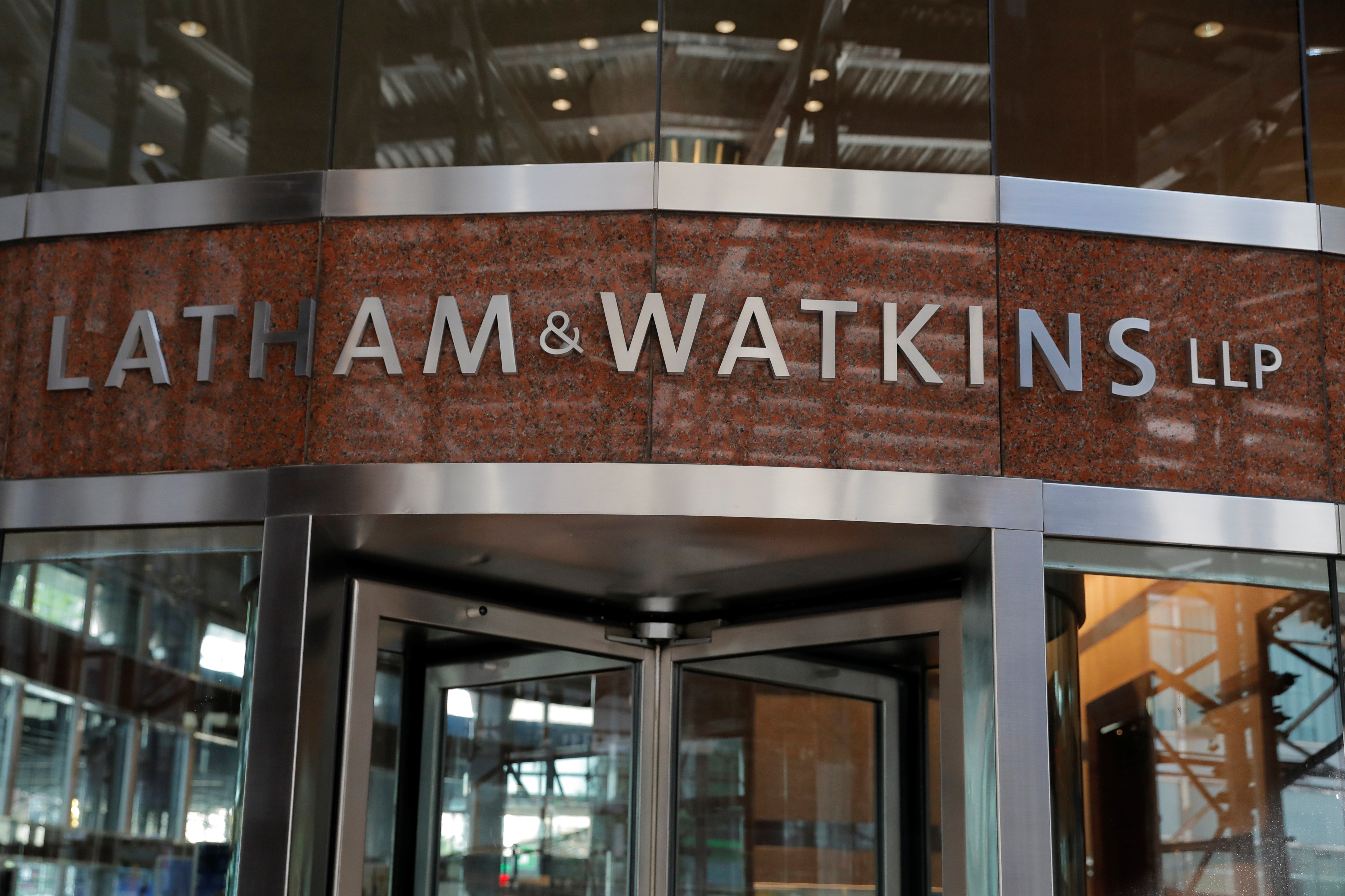 Signage is seen on the exterior of the building where law firm Latham & Watkins LLP are located in Manhattan, New York City