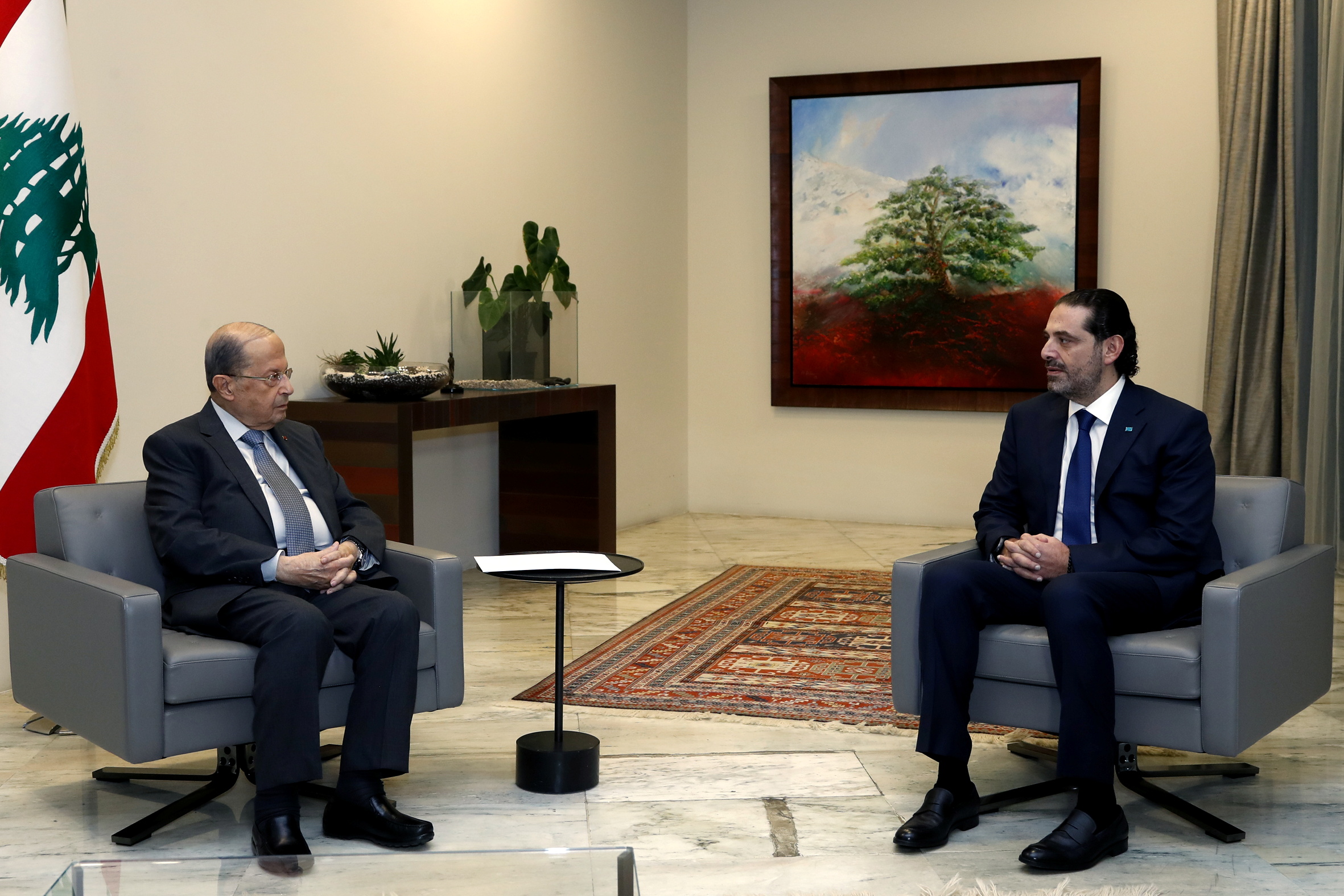 Lebanese Prime Minister-designate Saad al-Hariri meets with Lebanese President Michel Aoun at the presidential palace in Baabda, Lebanon December 9, 2020. Dalati Nohra/Handout via REUTERS 