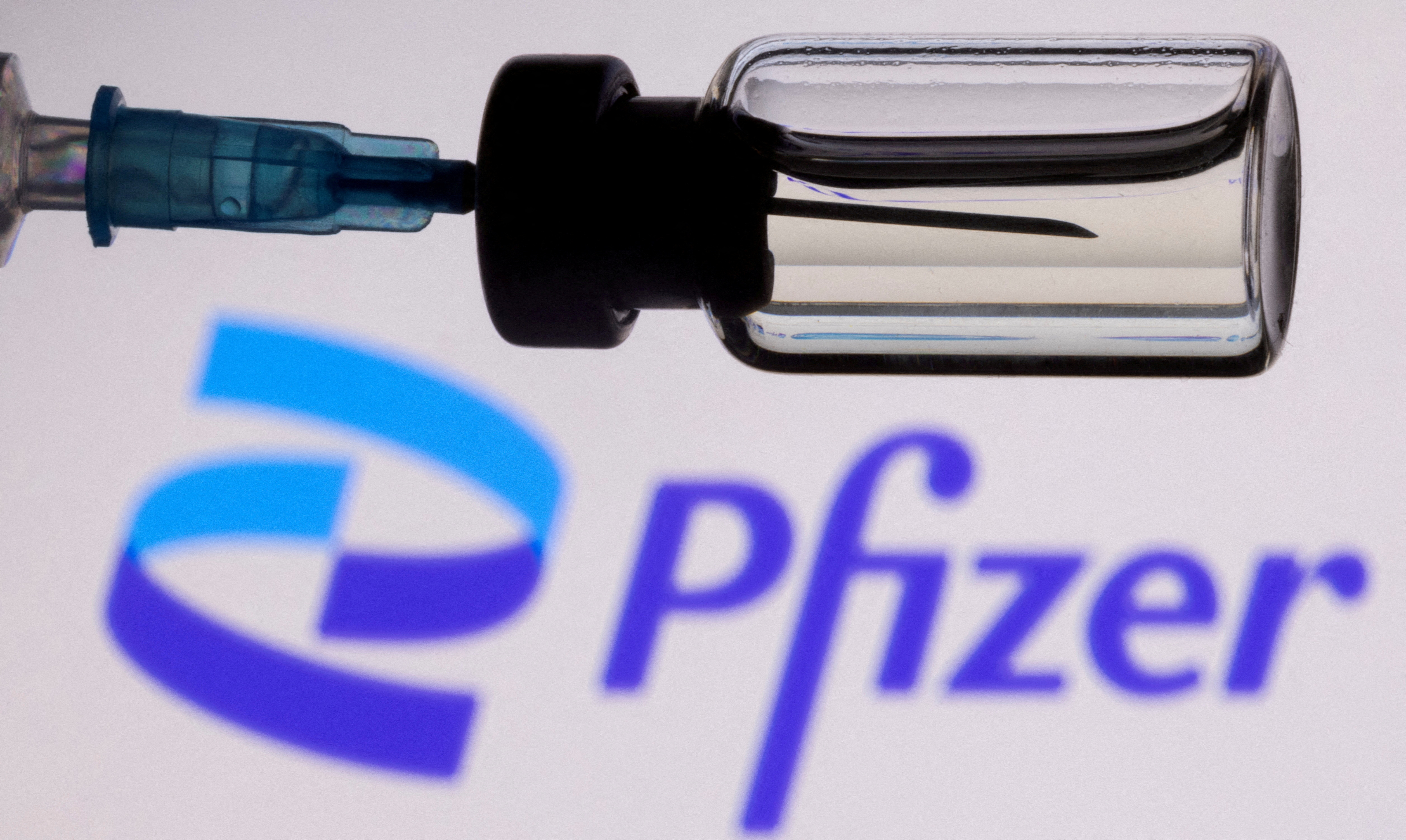 FILE PHOTO: A vial and a syringe are seen in front of a displayed Pfizer logo