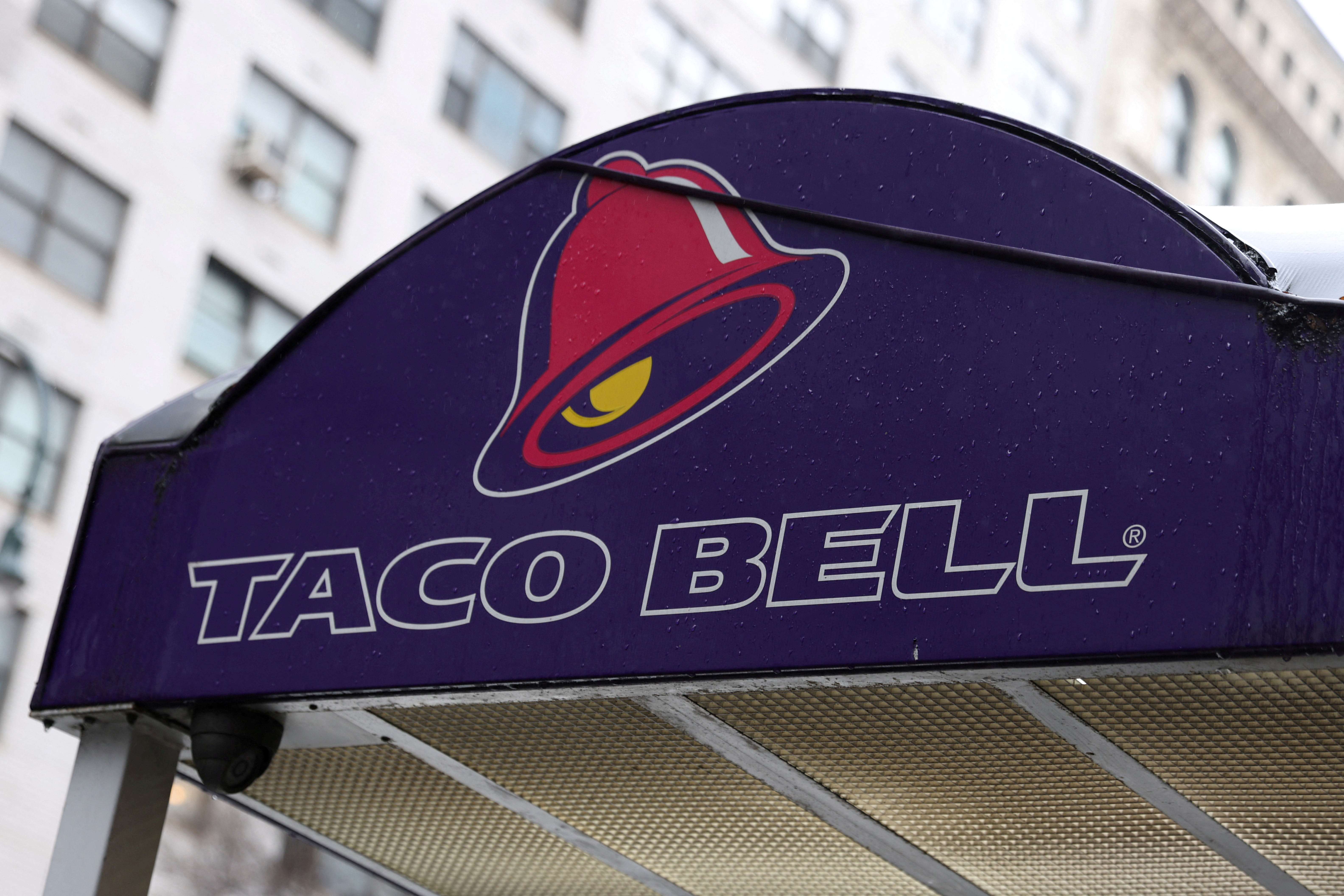 The logo of Taco Bell, a subsidiary of Yum! Brands, Inc. is seen in Manhattan, New York City