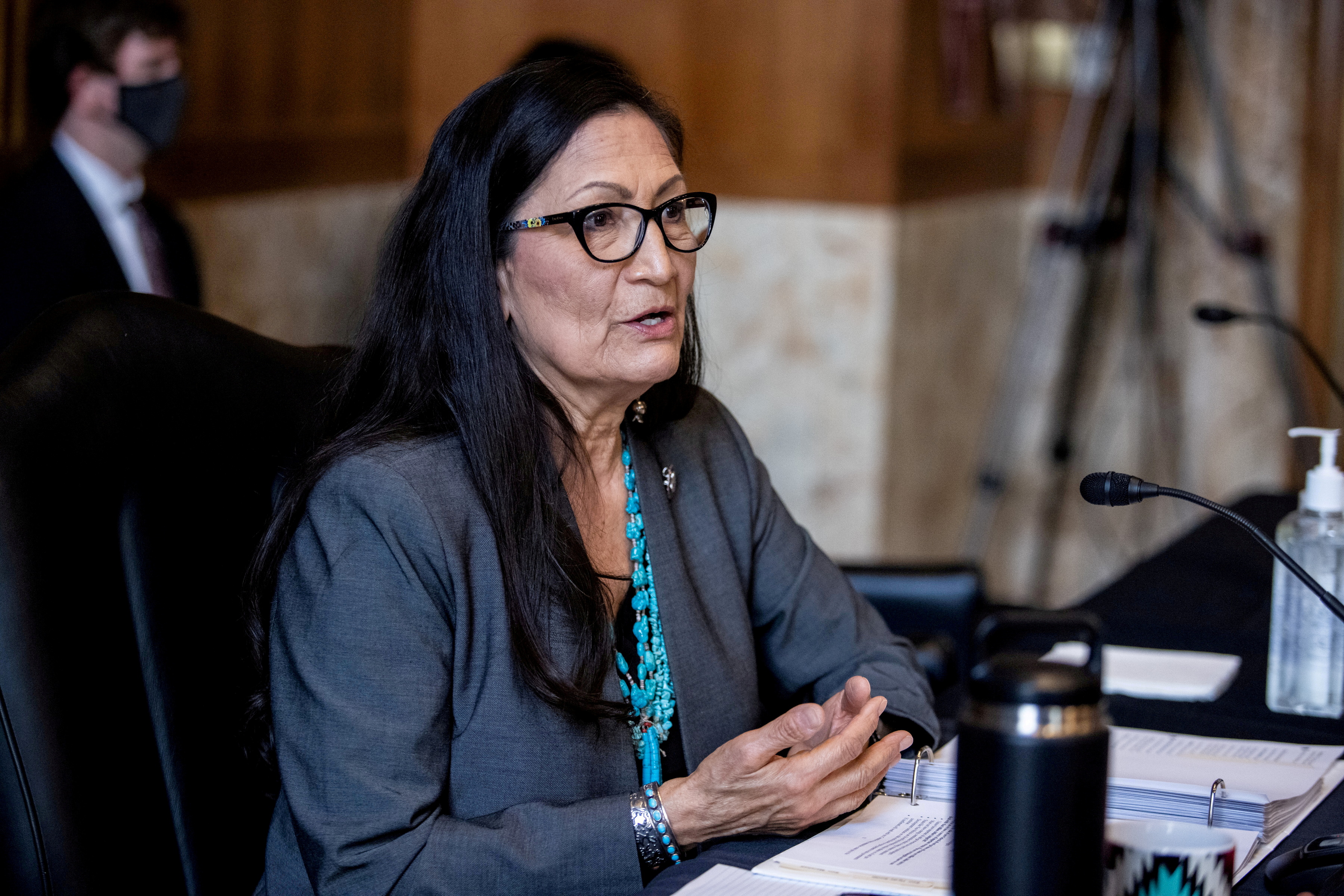 U.S. Rep. Deb Haaland speaks during a Senate Committee on Energy and Natural Resources hearing on her nomination to be Interior Secretary on Capitol Hill in Washington, DC, U.S. February 23, 2021. Graeme Jennings/Pool via REUTERS