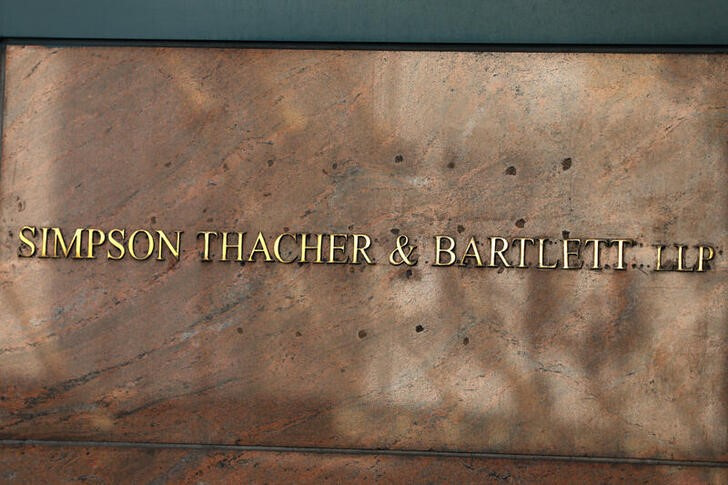 Signage is seen on the building exterior of the law firm Simpson Thacher & Bartlett LLP in Manhattan, New York City