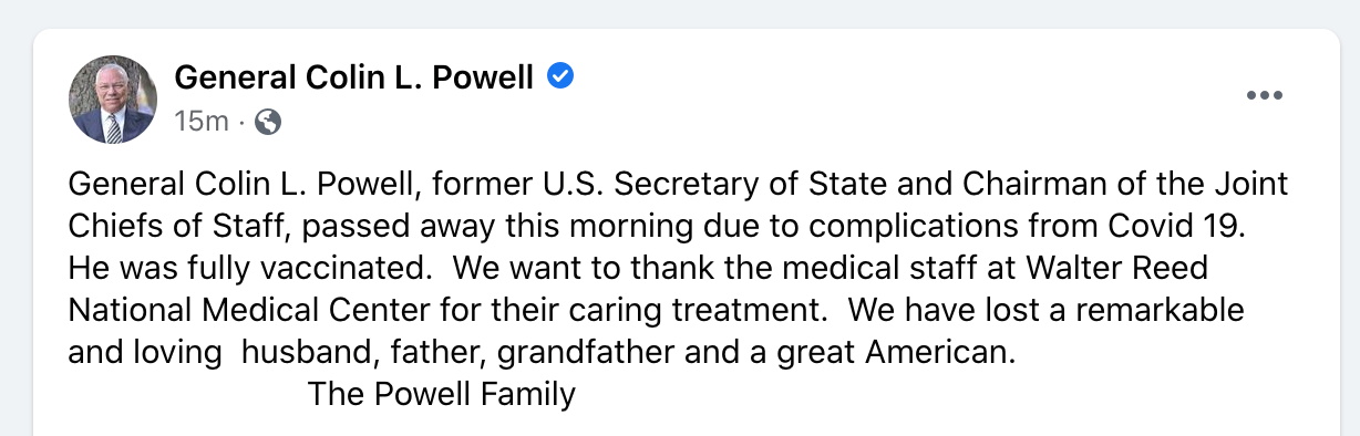 A screen grab shows a statement on a page of former U.S. Secretary of State Colin Powell obtained on October 18, 2021. in this screen grab obtained from social media. Social media website/via REUTERS 