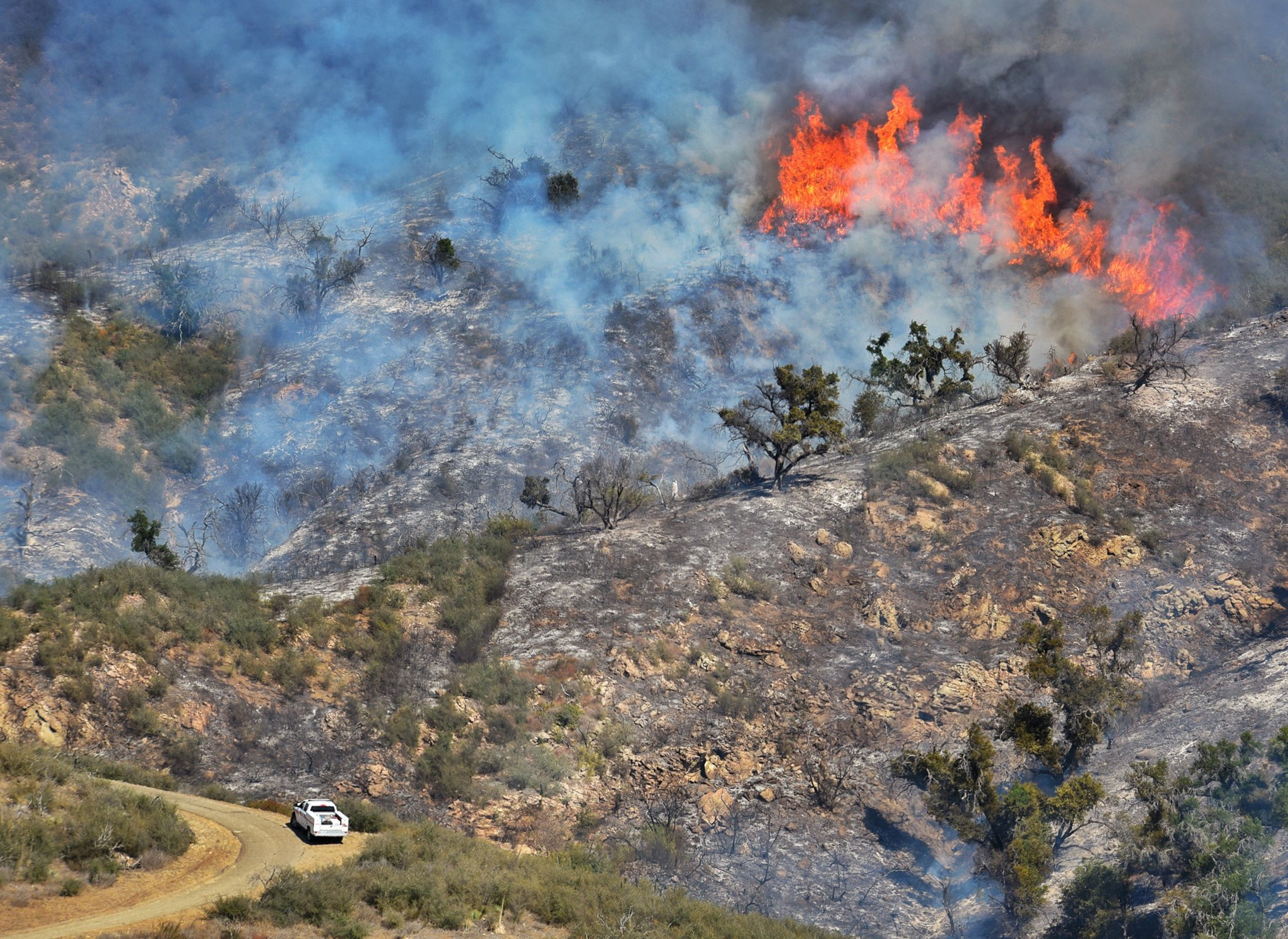 U.S. Forest Service firefighters keep an eye on a small pocket of fire activity in Las Flores Canyon