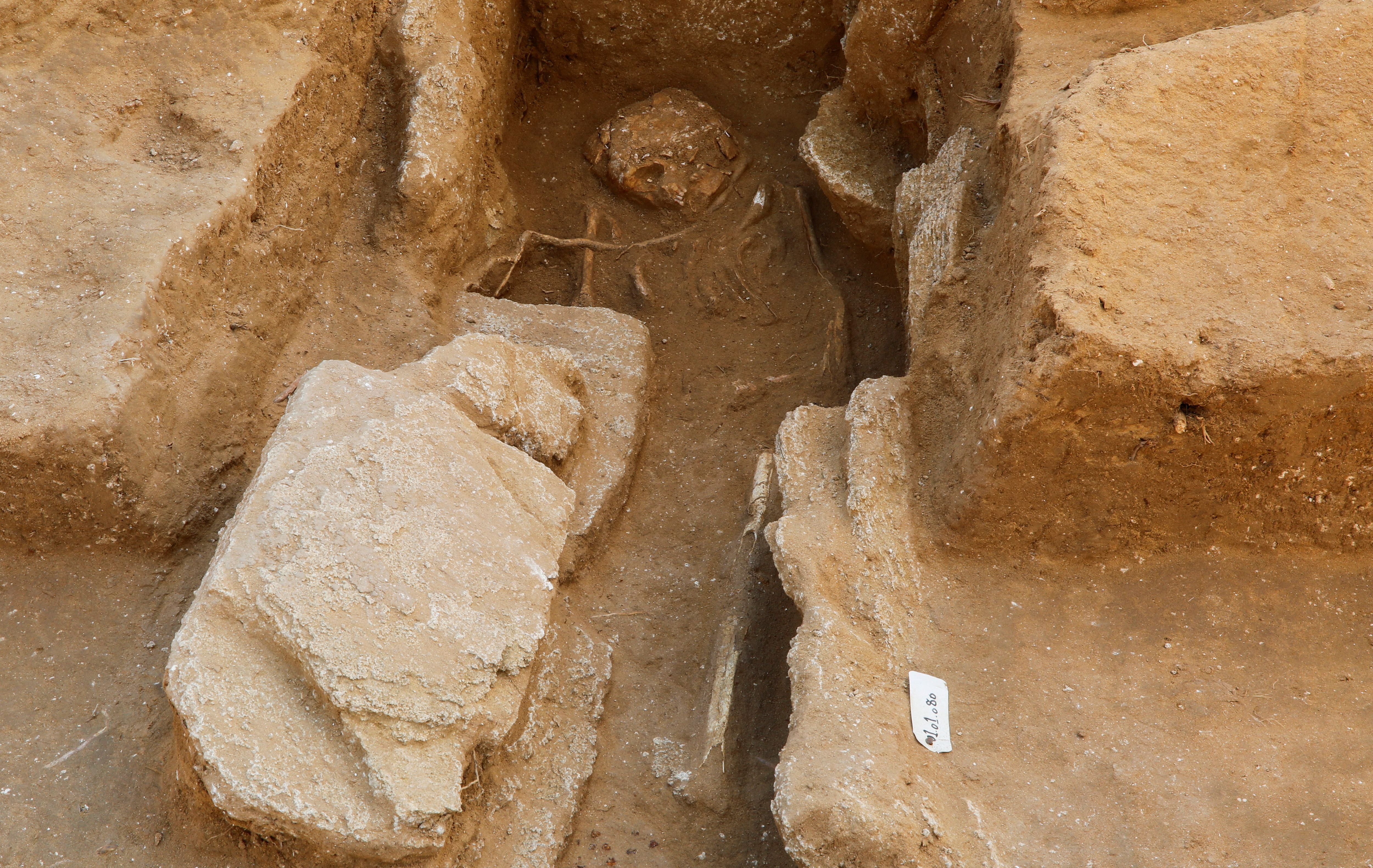 A view of remains found in a grave at the site of a 2000-year-old Roman cemetery, that had been discovered last year,  in northern Gaza Strip