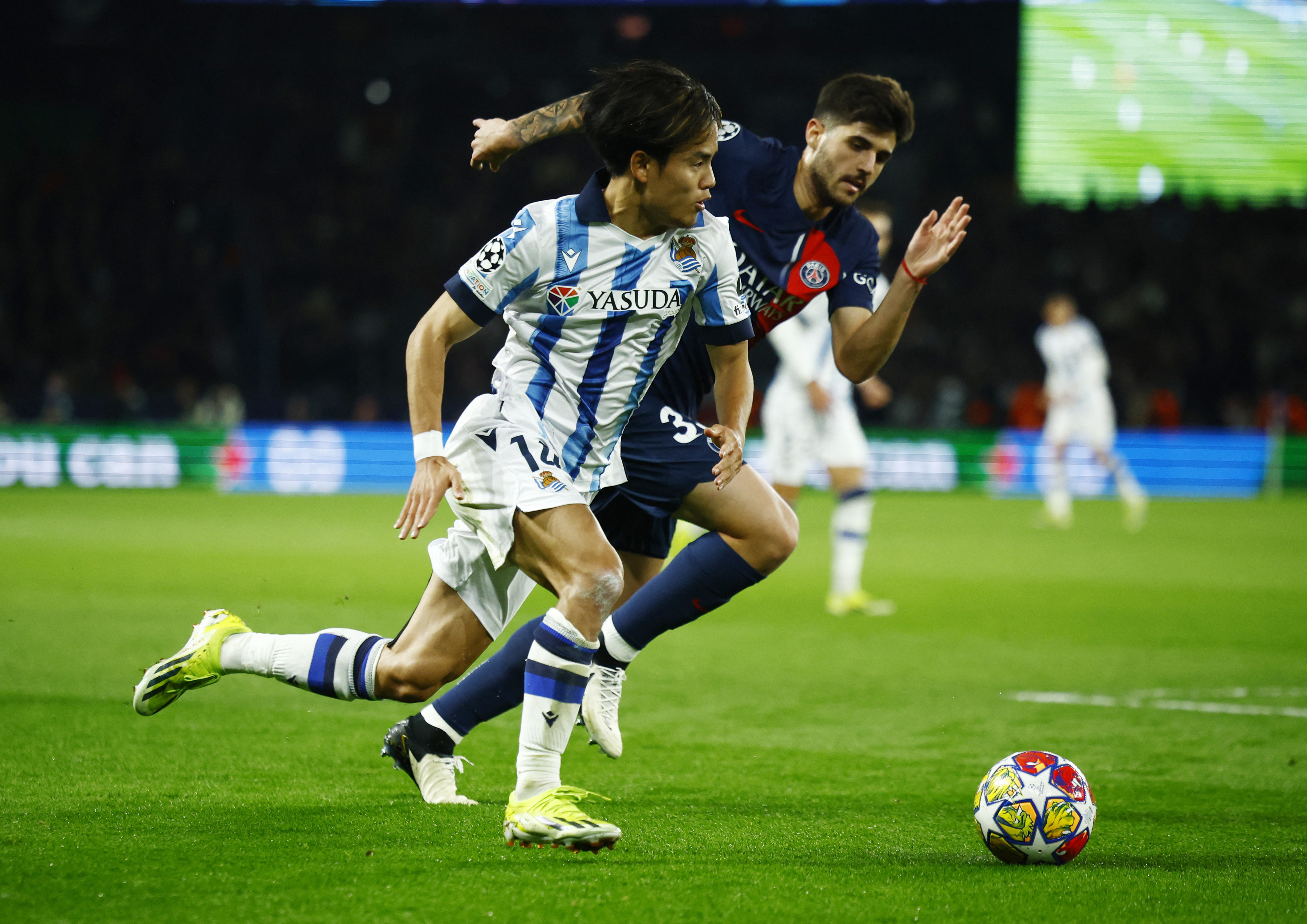  Soccer Football - Champions League - Paris St Germain v Real Sociedad - Parc des Princes, Paris, France - February 14, 2024 Real Sociedad's Takefusa Kubo in action REUTERS/Sarah Meyssonnier 