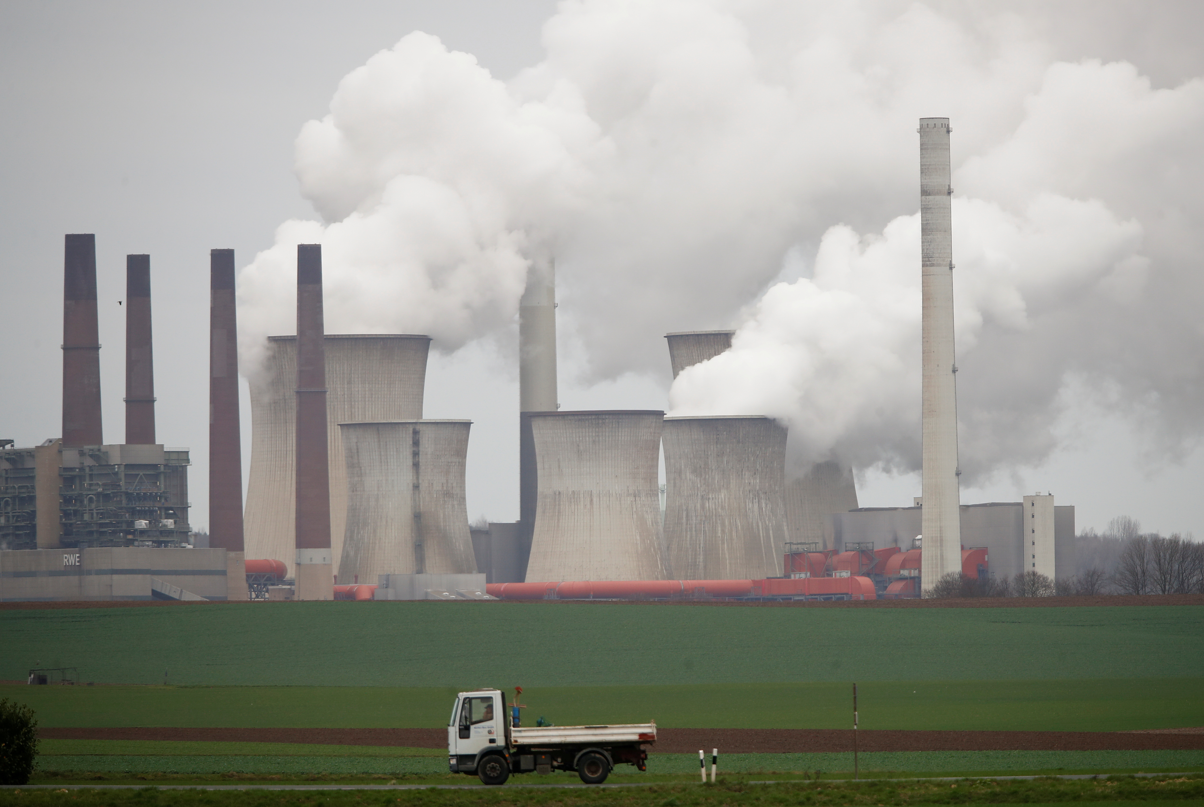 Brown coal fired power plants of RWE, one of Europe's biggest utilities in Neurath near Cologne