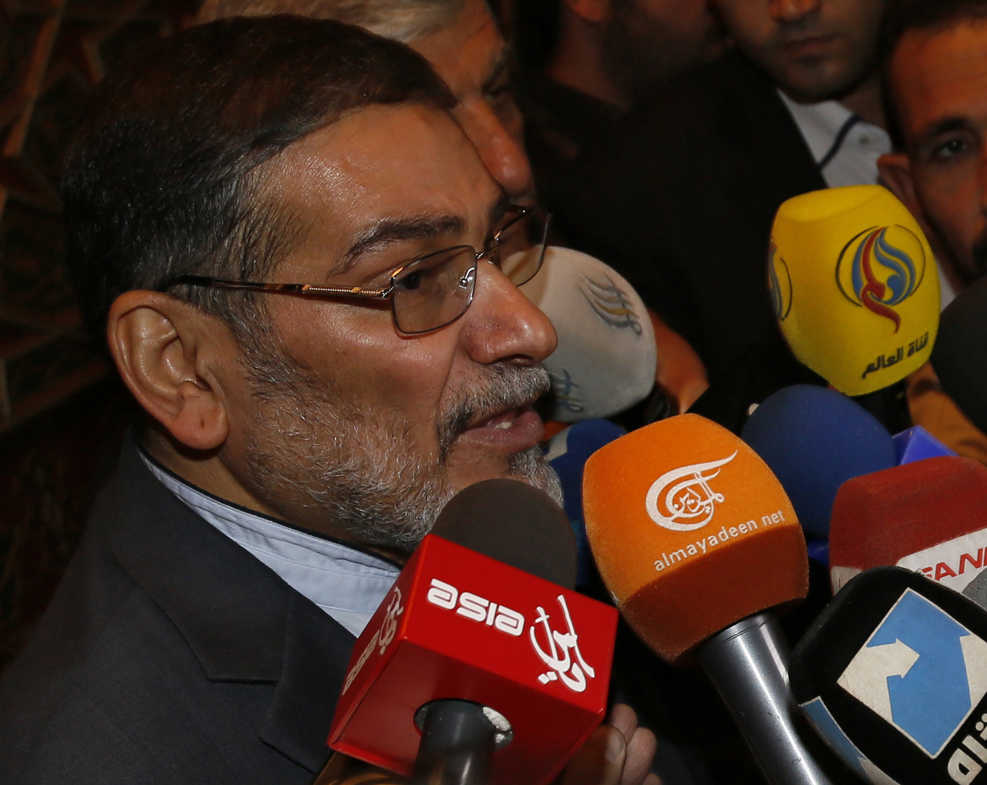 Admiral Ali Shamkhani, Iran?s Supreme National Security Council Director, speaks to the media after his arrival at Damascus airport