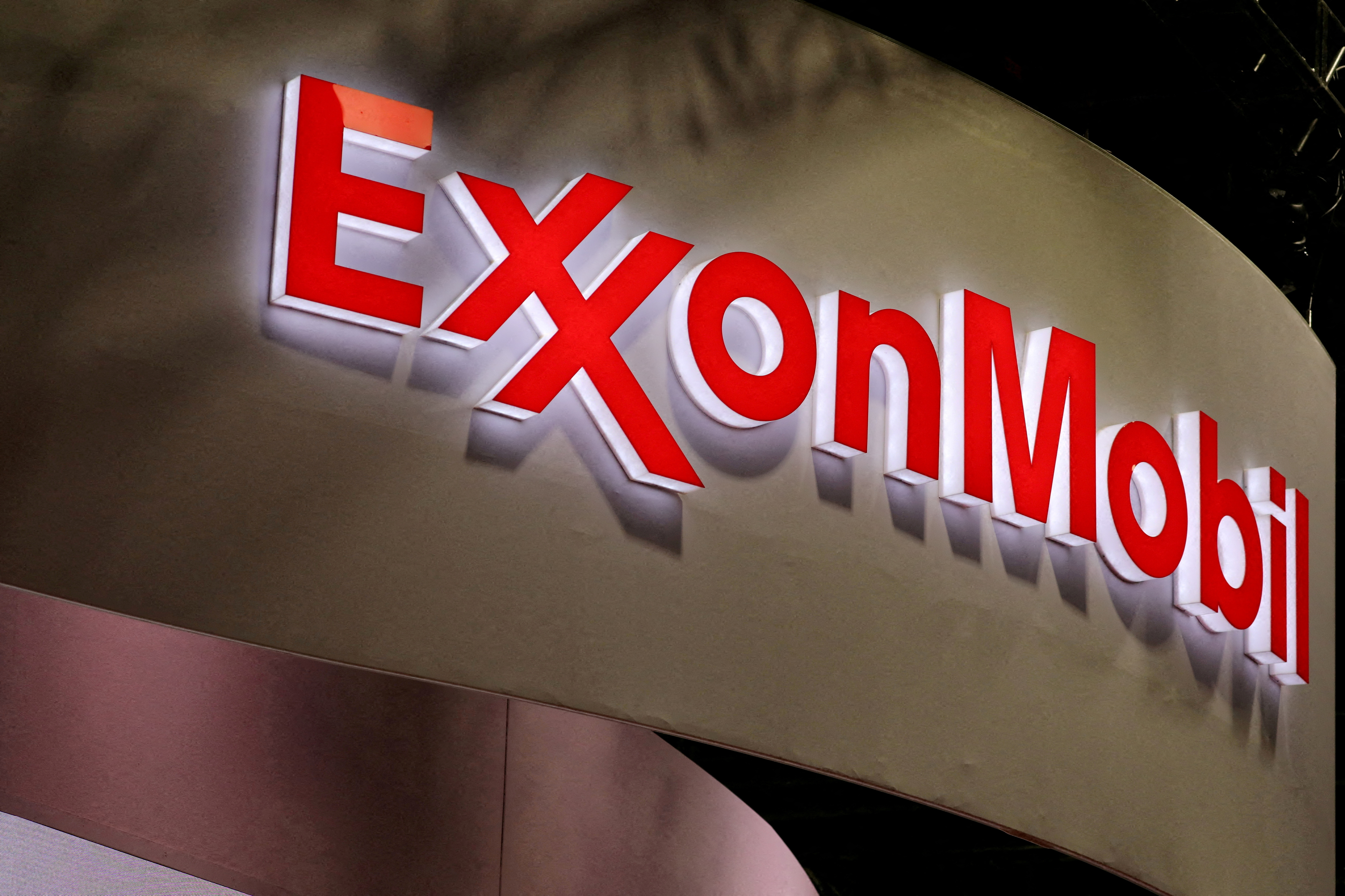 The logo of ExxonMobil is seen during the LNG 2023 energy trade show in Vancouver