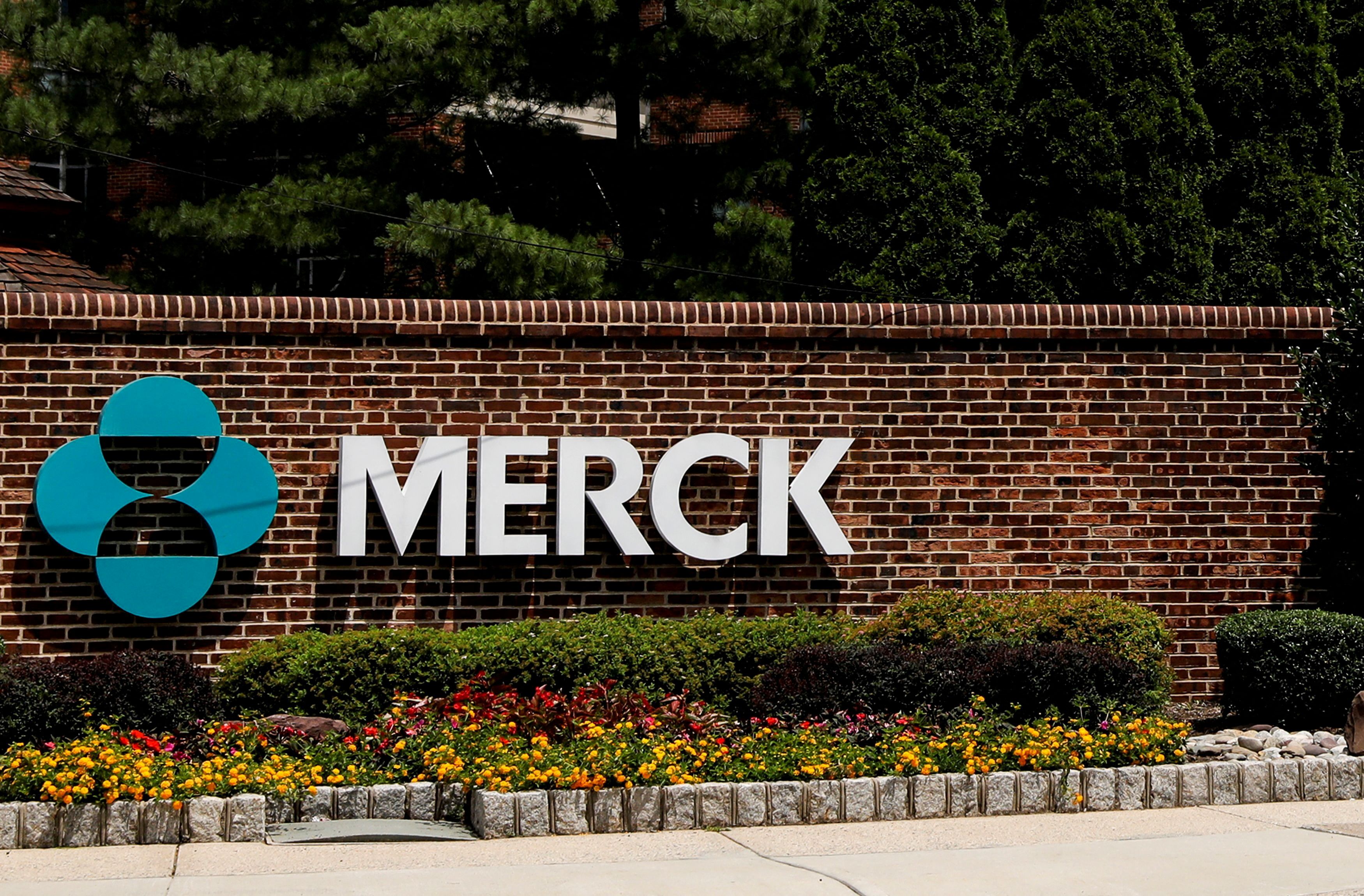 The Merck logo is seen at a gate to the Merck & Co campus in Rahway, New Jersey
