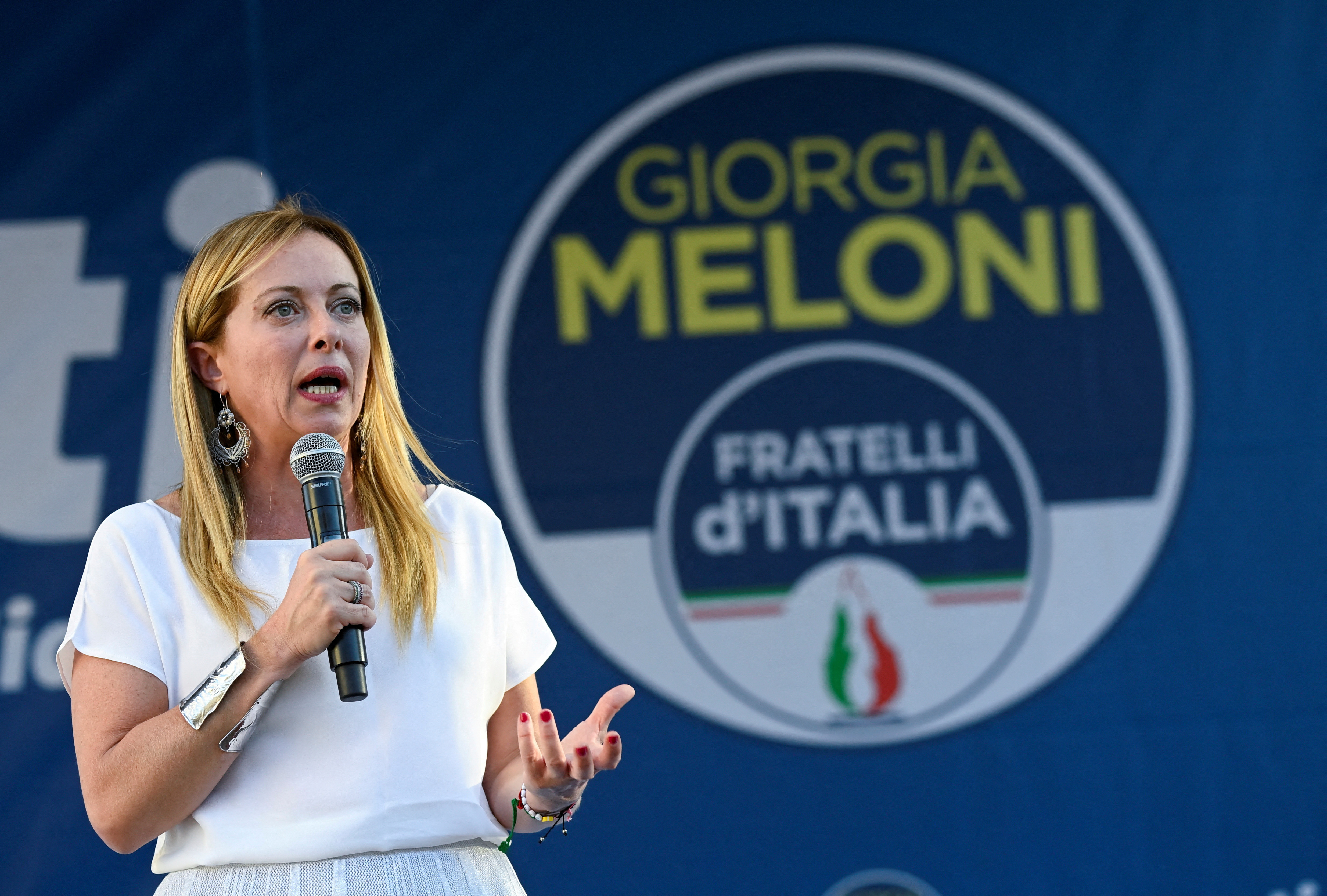 Giorgia Meloni, leader of the far-right Brothers of Italy party, attends a rally in Milan
