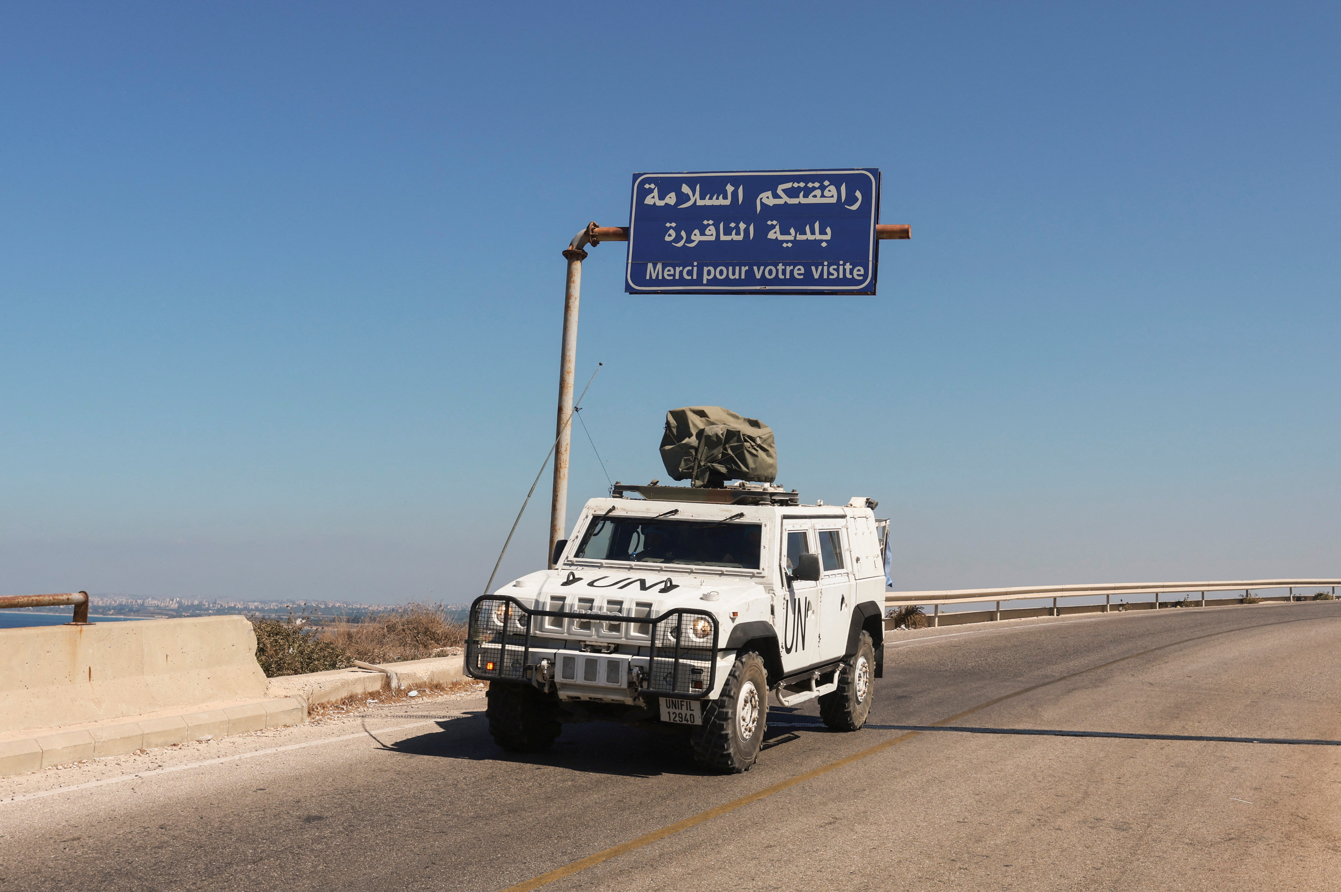 UN peacekeepers (UNIFIL) vehicle drives in Naqoura, near the Lebanese-Israeli border