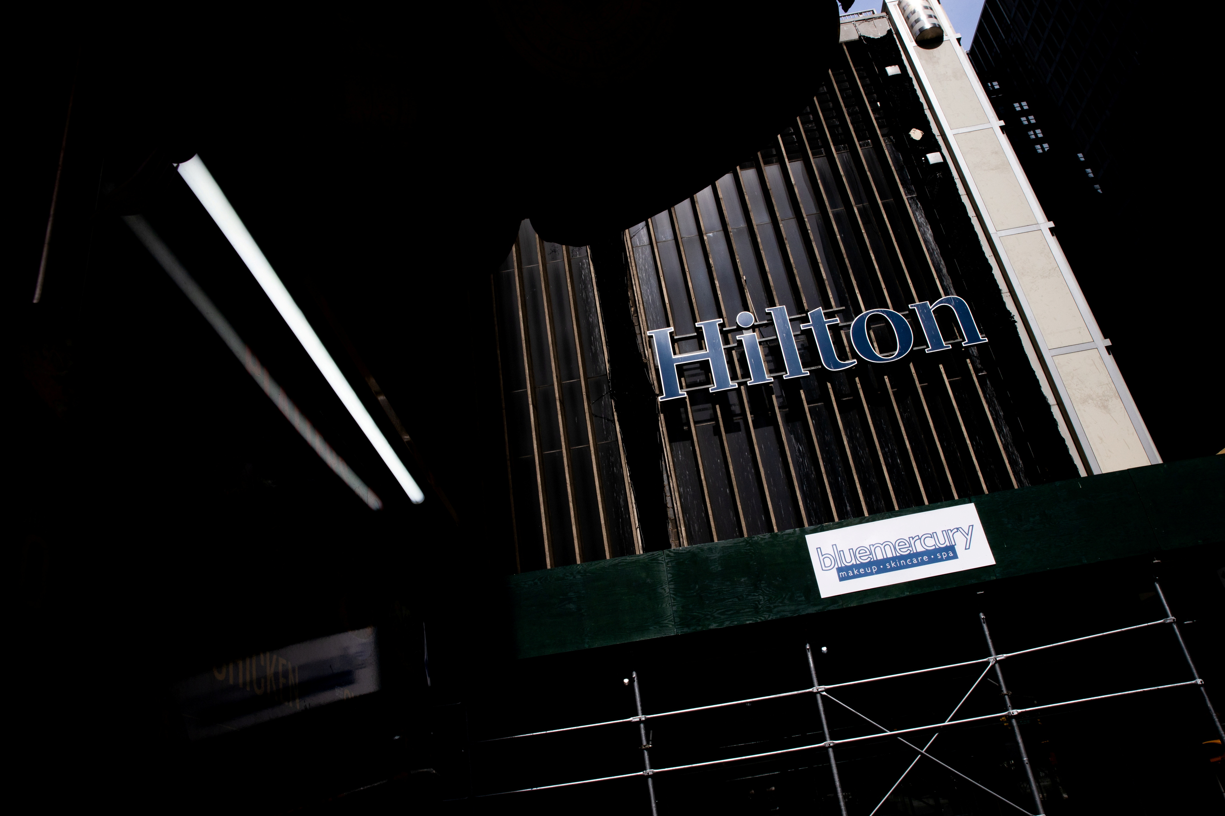 Hilton hotel logo is seen on 52nd street  following the outbreak of coronavirus disease (COVID-19) in New York City