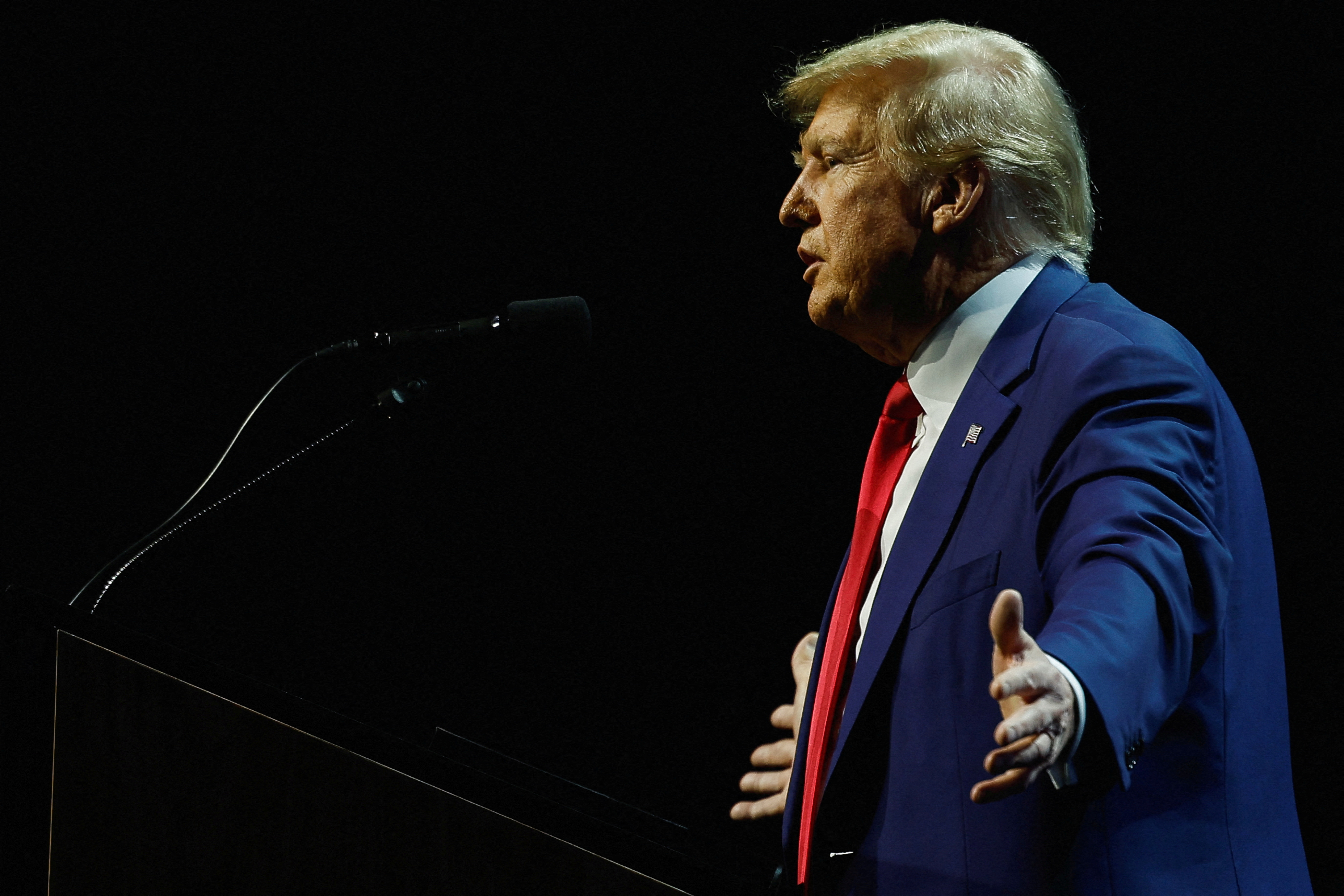 Former U.S. President Donald Trump speaks at the National Rifle Association (NRA) annual convention in Indianapolis