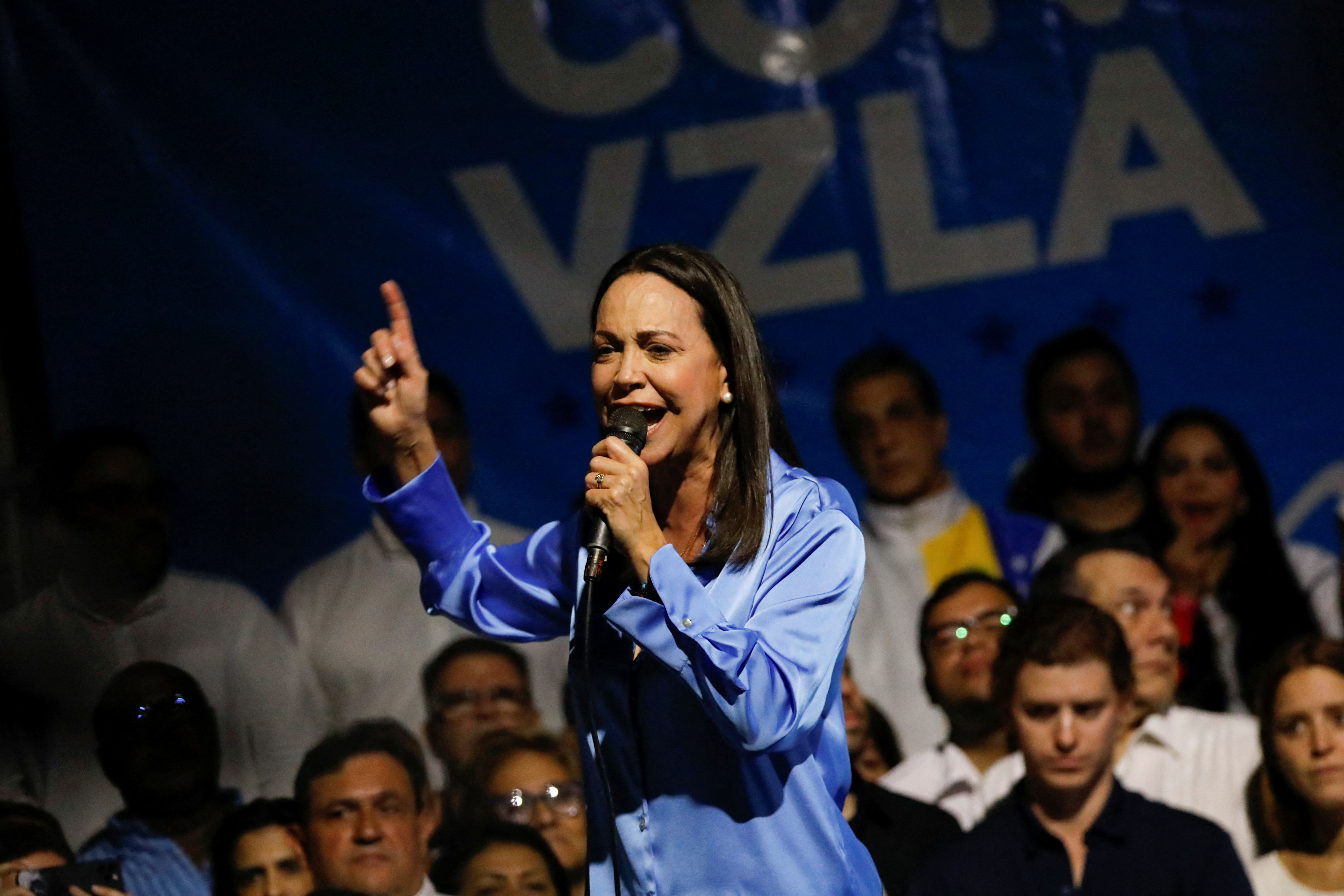 Maria Corina Machado addresses the audience, in Caracas