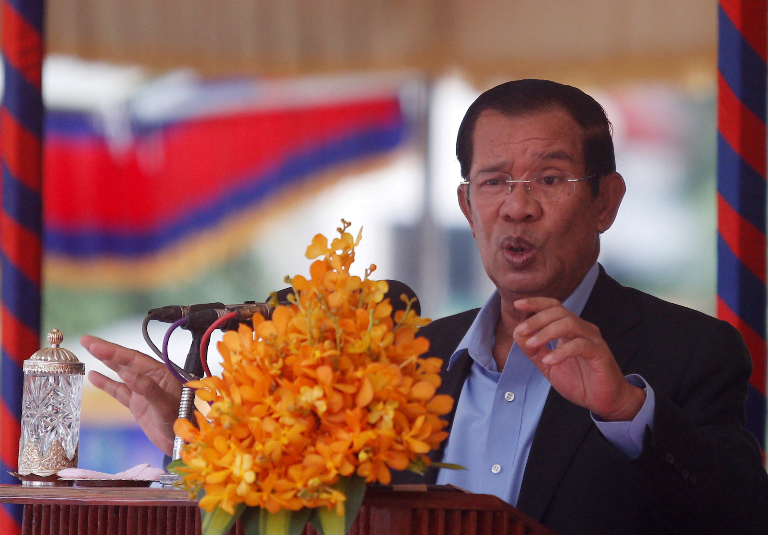 Cambodia's Prime Minister Hun Sen speaks during a groundbreaking ceremony of the Project for Flood Protection, donated by Japan, in Phnom Penh