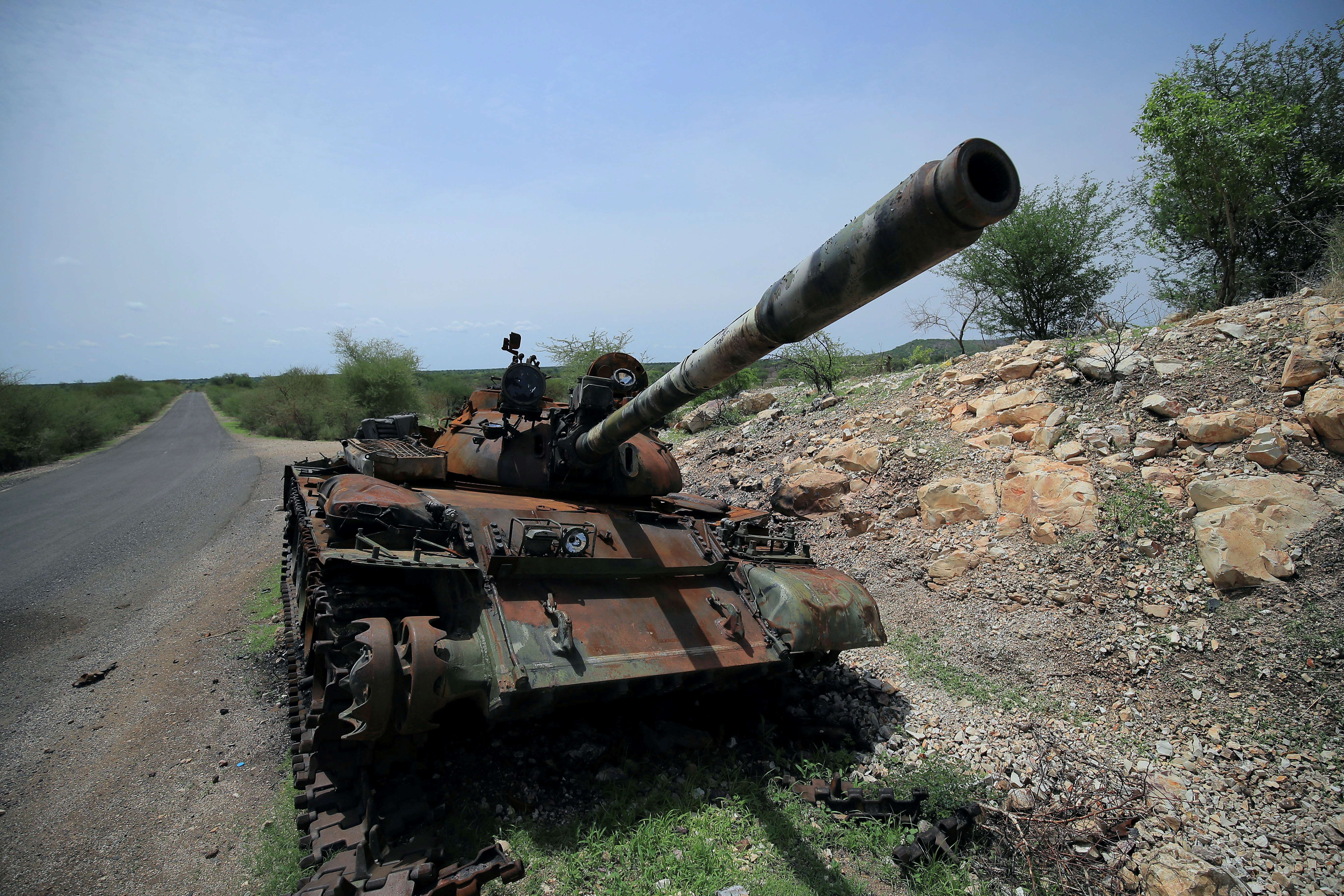 A tank damaged during the fighting between Ethiopia’s National Defense Force (ENDF) and Tigray Special Force stands on the outskirts of Humera town