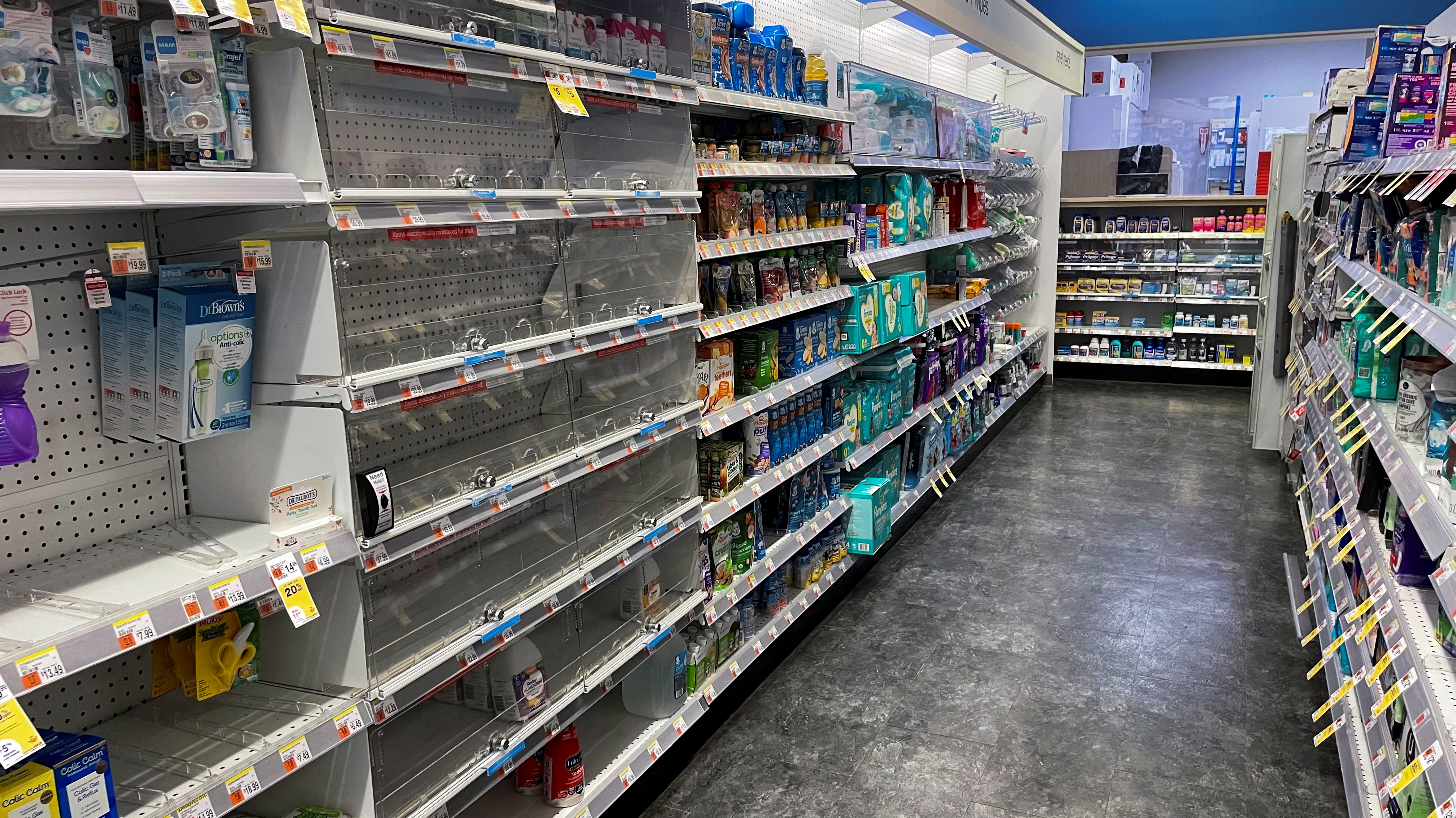 Empty infant formula shelves are seen at a Duane Reade store in New York