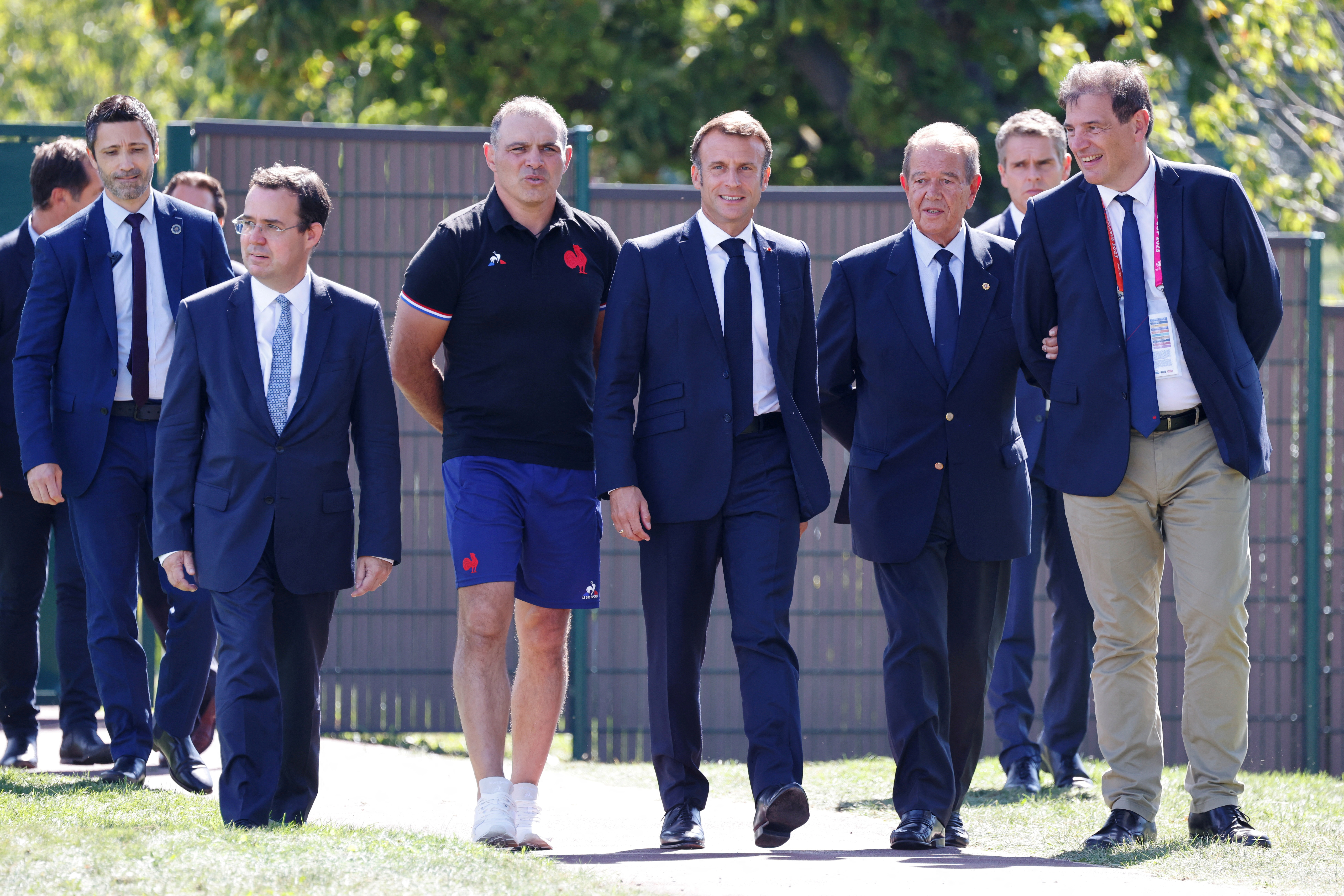 French President Emmanuel Macron meets with France's head coach Fabien Galthie and the team in Rueil-Malmaison