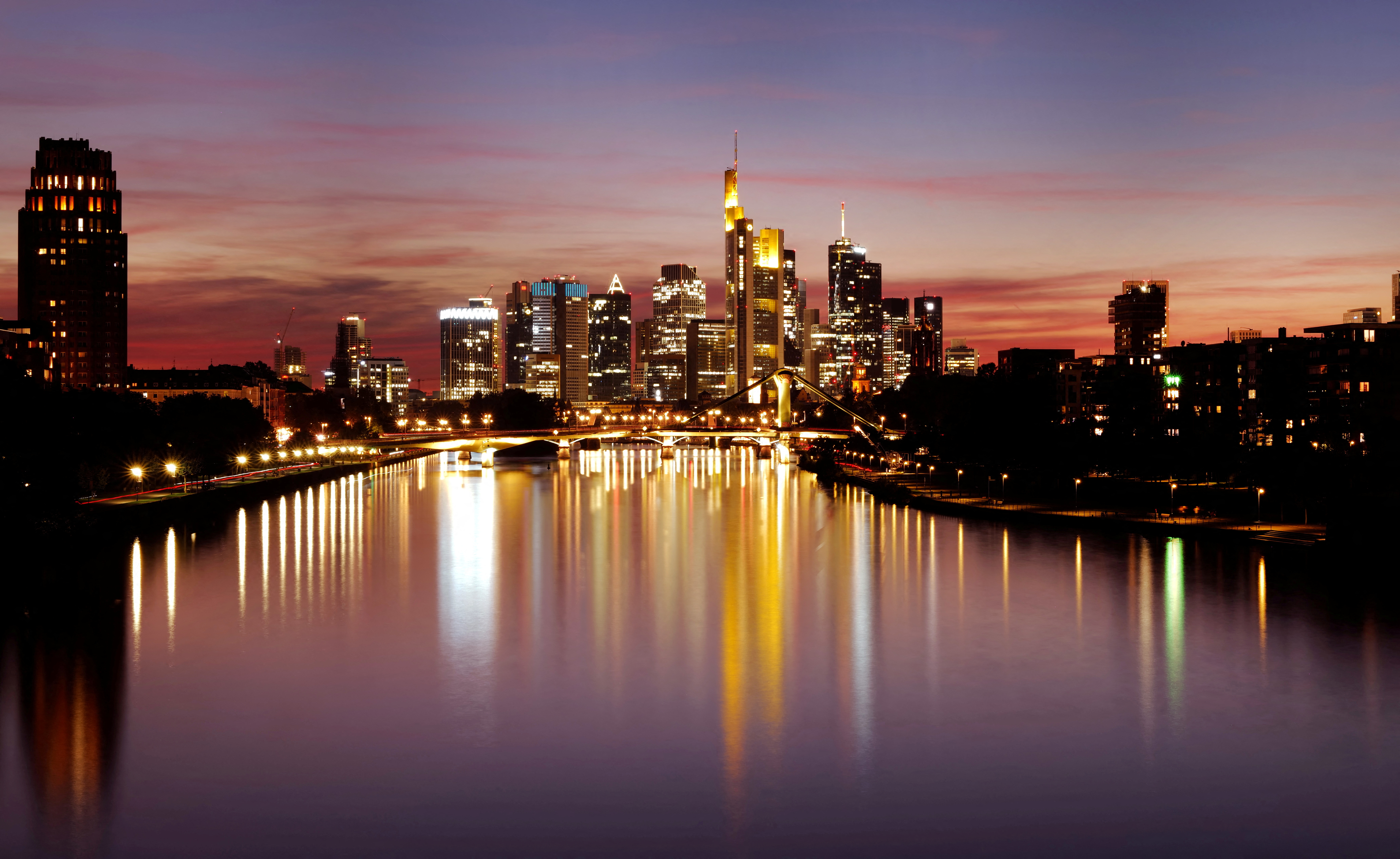 The skyline with the banking district is photographed in Frankfurt