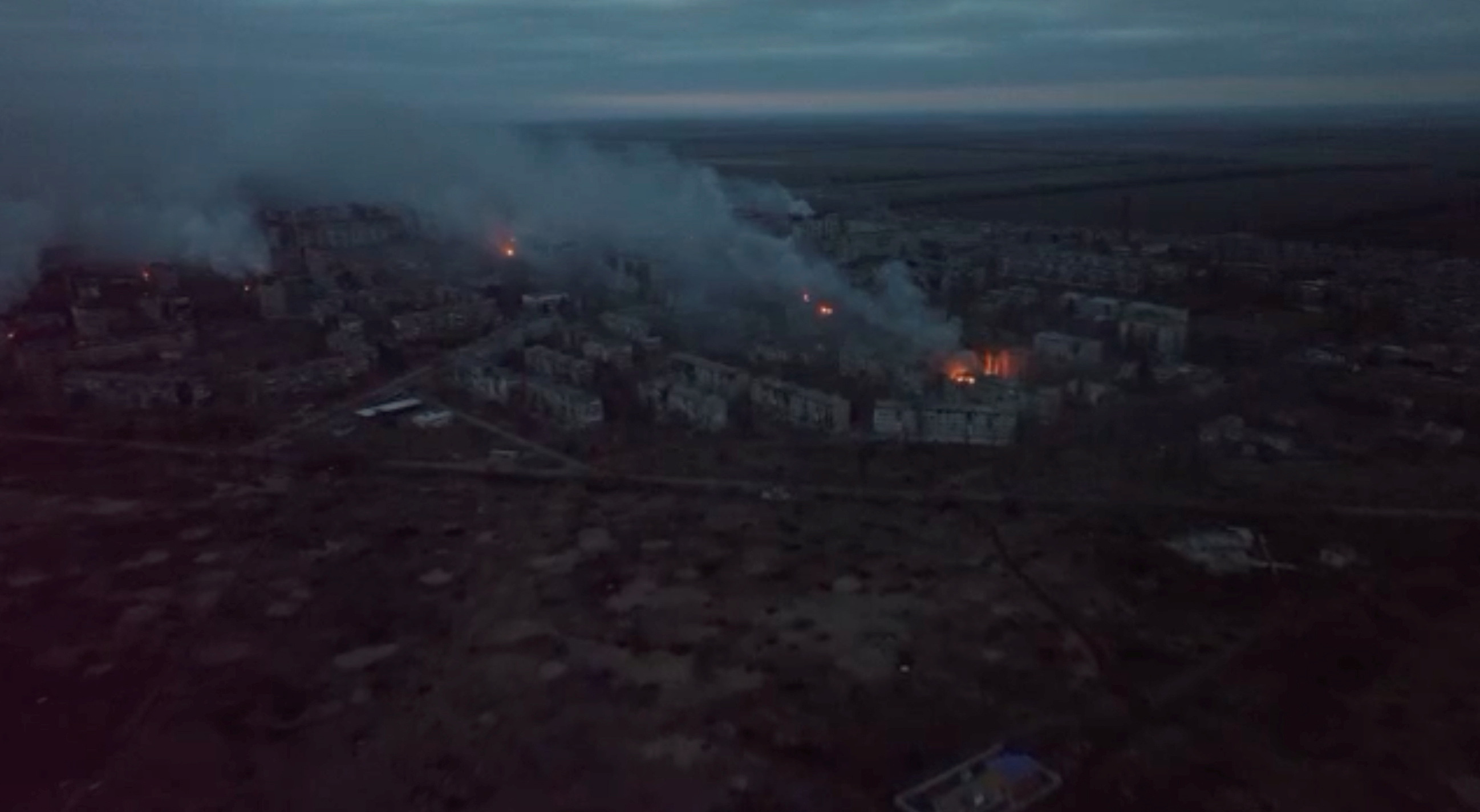 Aerial view of fires and smoke over the city, as Russia's attack on Ukraine continues, in Vuhledar
