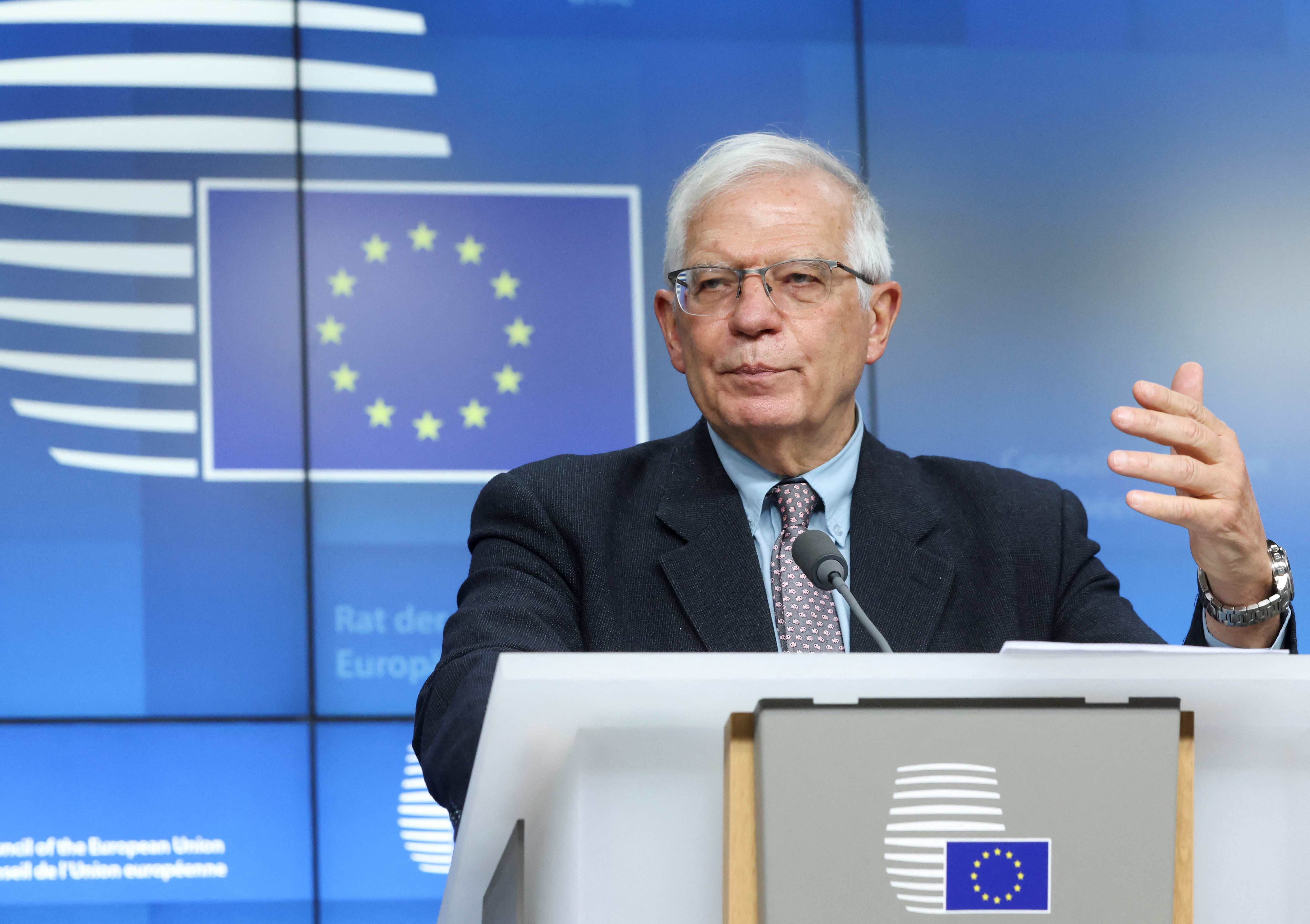 High Representative of the European Union for Foreign Affairs and Security Policy Borrell attends a news conference in Brussels