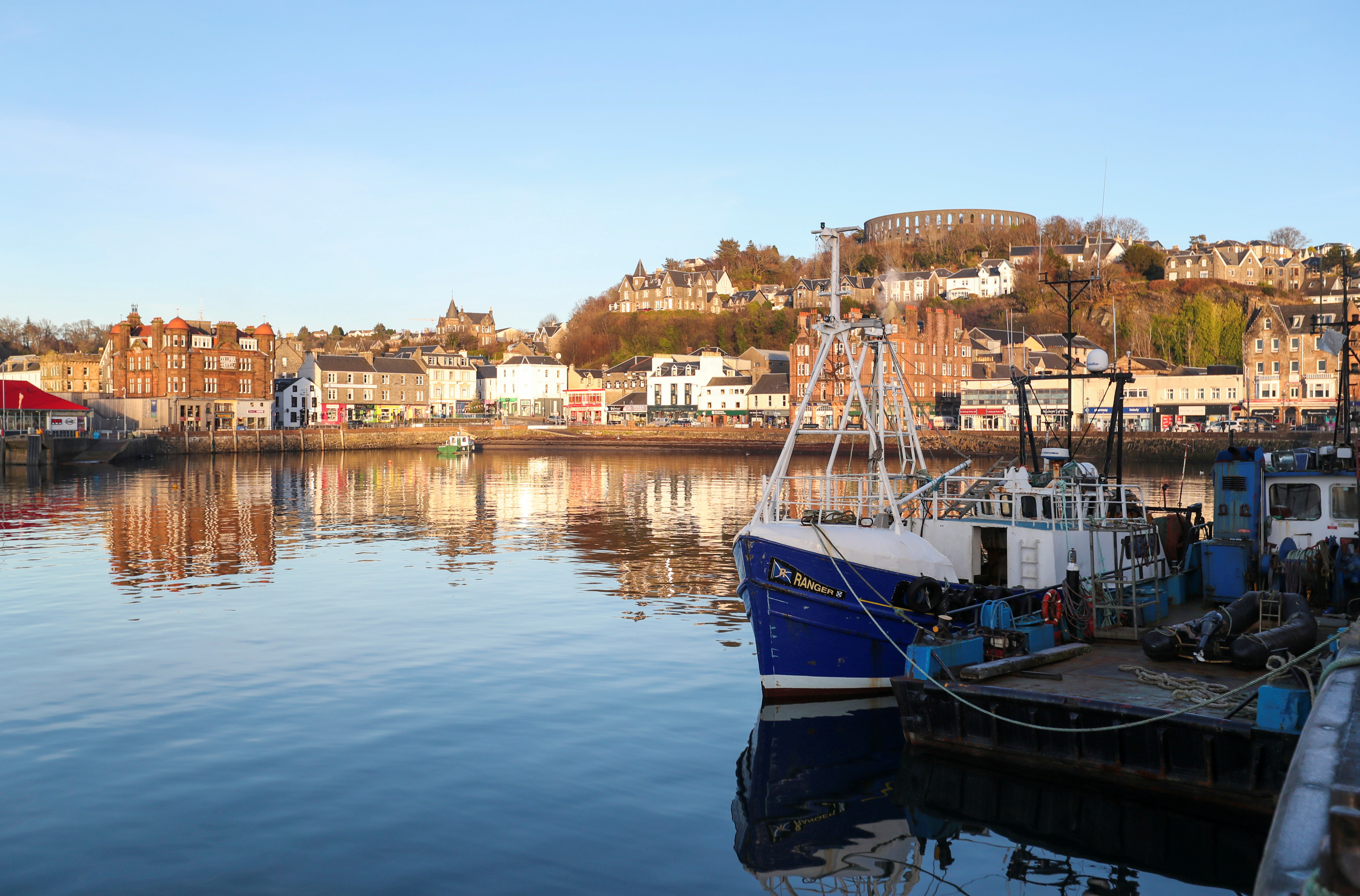 A fishing boat is seen at Oban harbor in Scotland