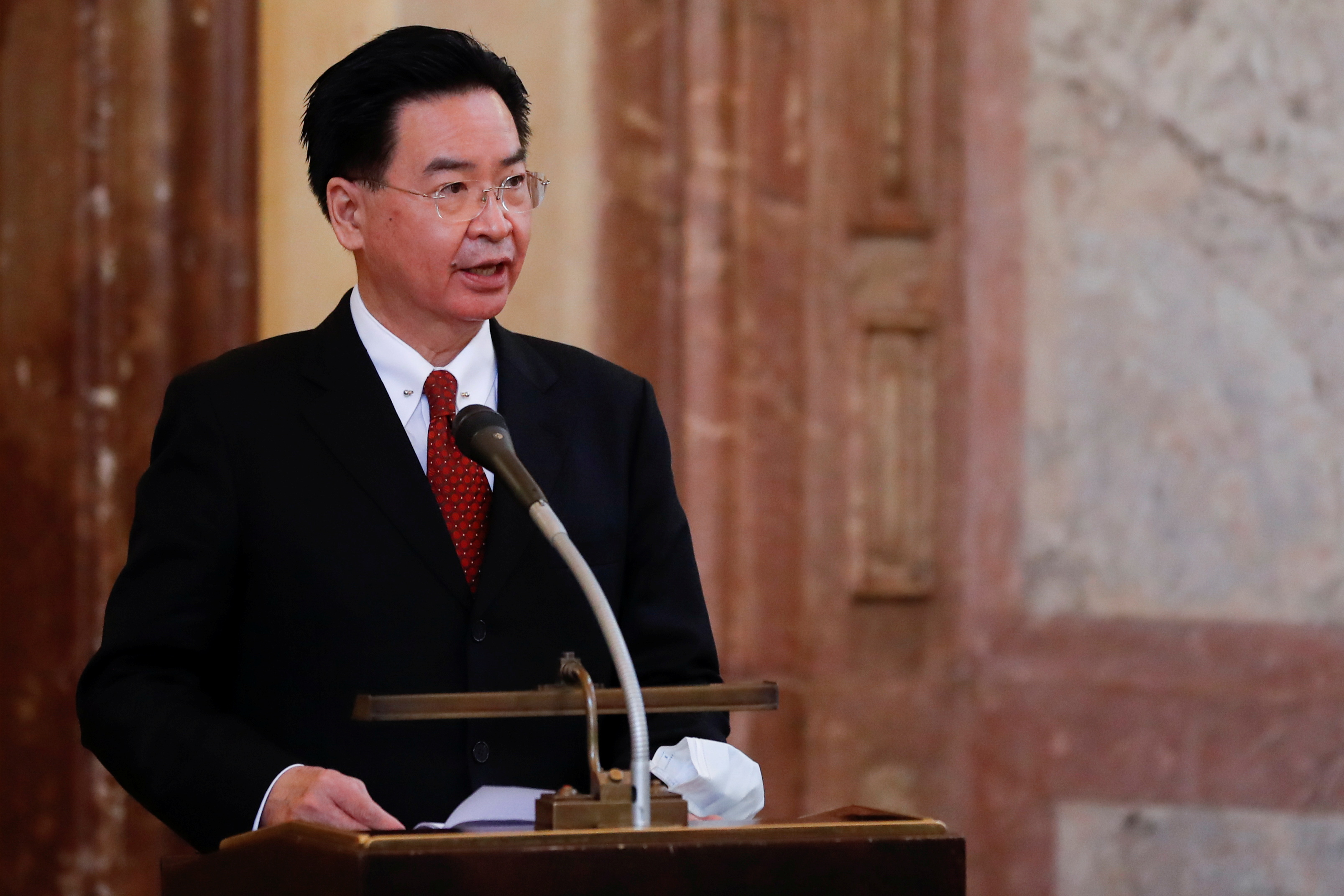 Taiwan Foreign Minister Joseph Wu speaks after receiving the Silver Commemorative Medal of the Senate of the Parliament of the Czech Republic, in Prague