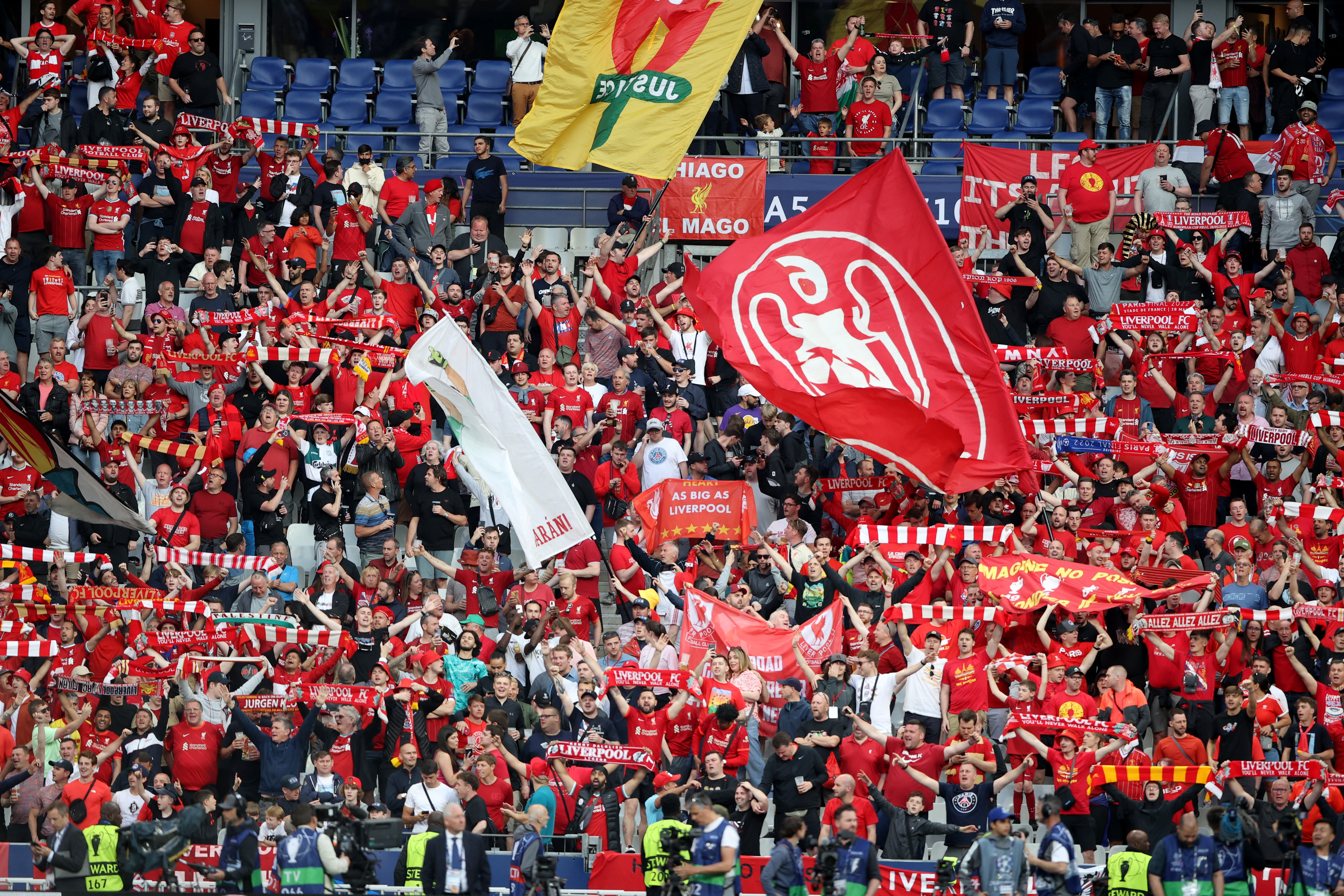 Liverpool's Andrew Robertson heads the ball during the Champions League  final soccer match between Liverpool and Real Madrid at the Stade de France  in Saint Denis near Paris, Saturday, May 28, 2022. (