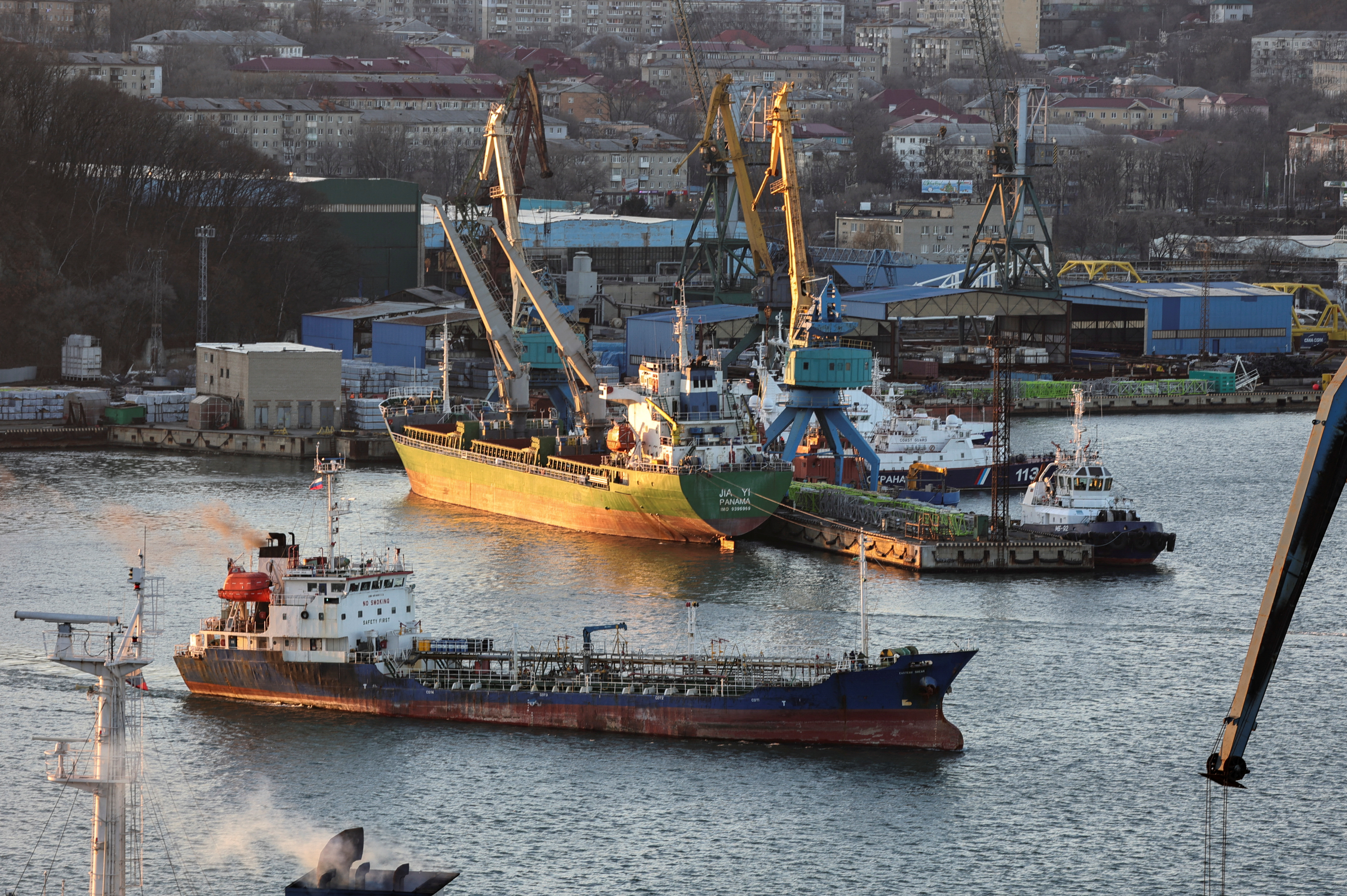 Vessels are seen in the port city of Nakhodka