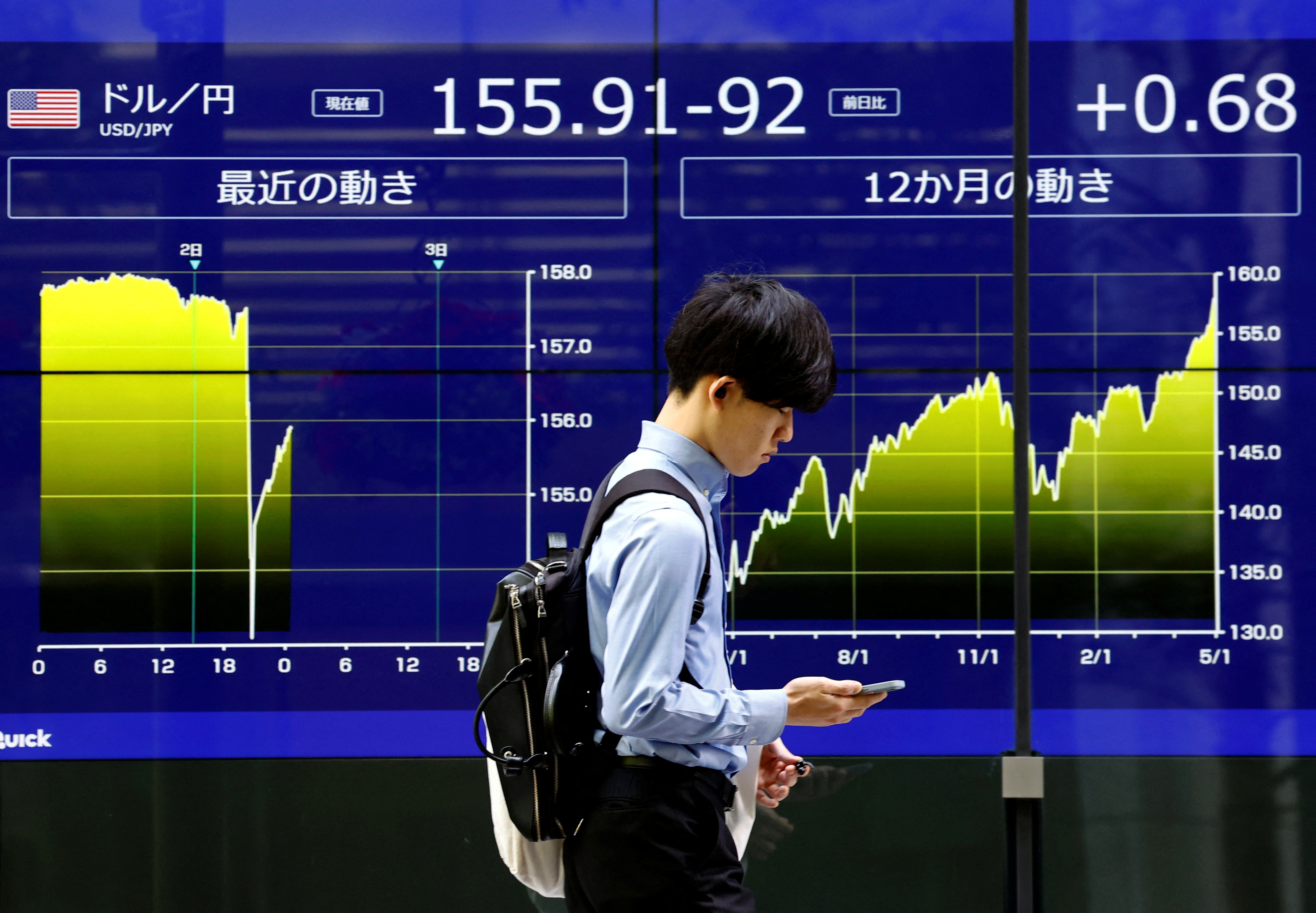 A man walks past an electronic screen displaying the current Japanese Yen exchange rate against the U.S. dollar and the graph showing its recent movement in Tokyo