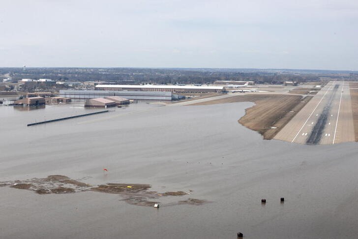 An aerial view of Offutt Air Force Base and the surrounding areas affected by flood waters in Nebraska