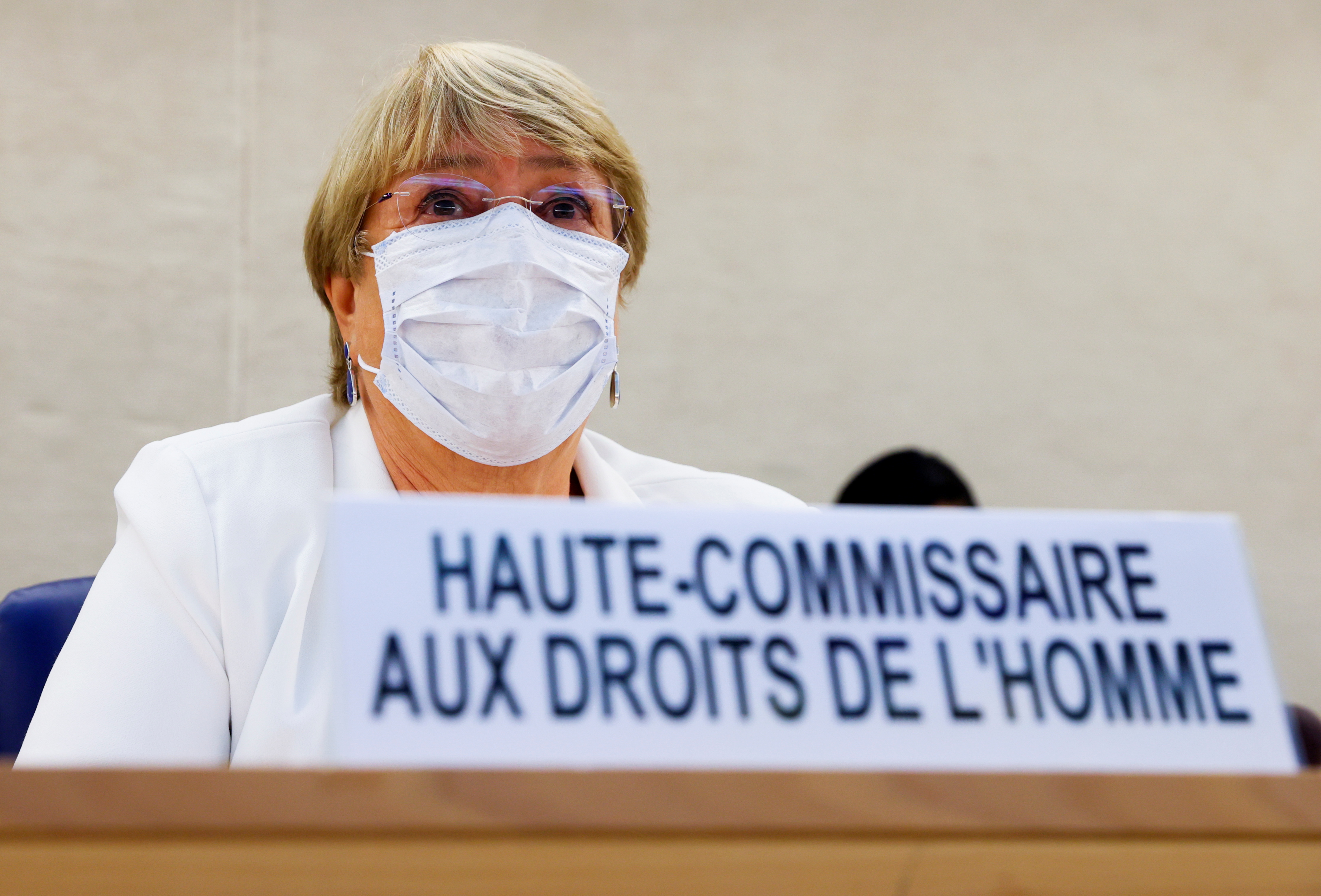 U.N. High Commissioner for Human Rights Michelle Bachelet wears a face mask at a special session of the Human Rights Council on the situation in Afghanistan, at the European headquarters of the United Nations in Geneva, Switzerland, August 24, 2021. REUTERS/Denis Balibouse