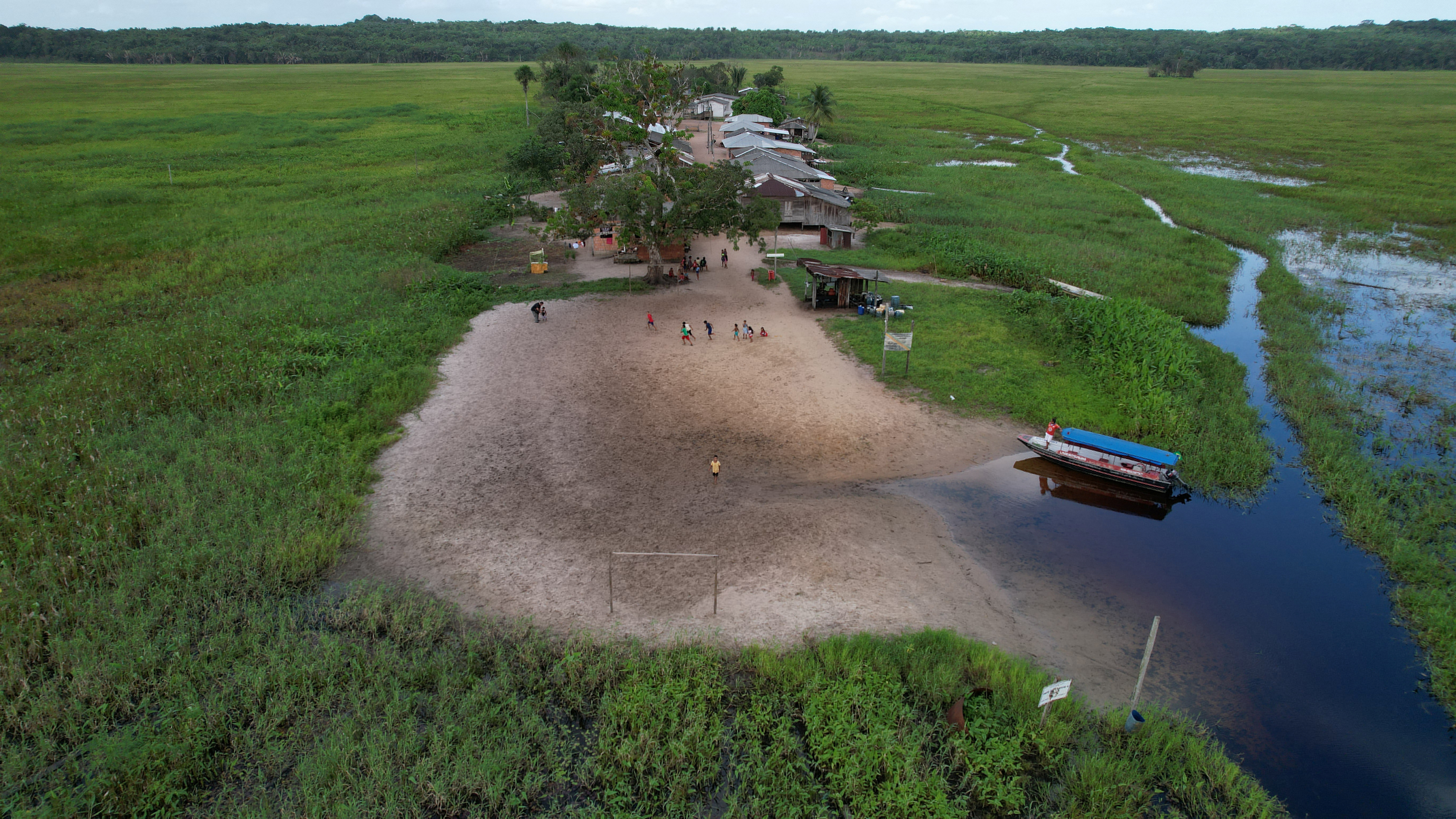 A drone view shows the Uaha village on the Jumina indigenous land, near the mouth of the Amazon in Oiapoque