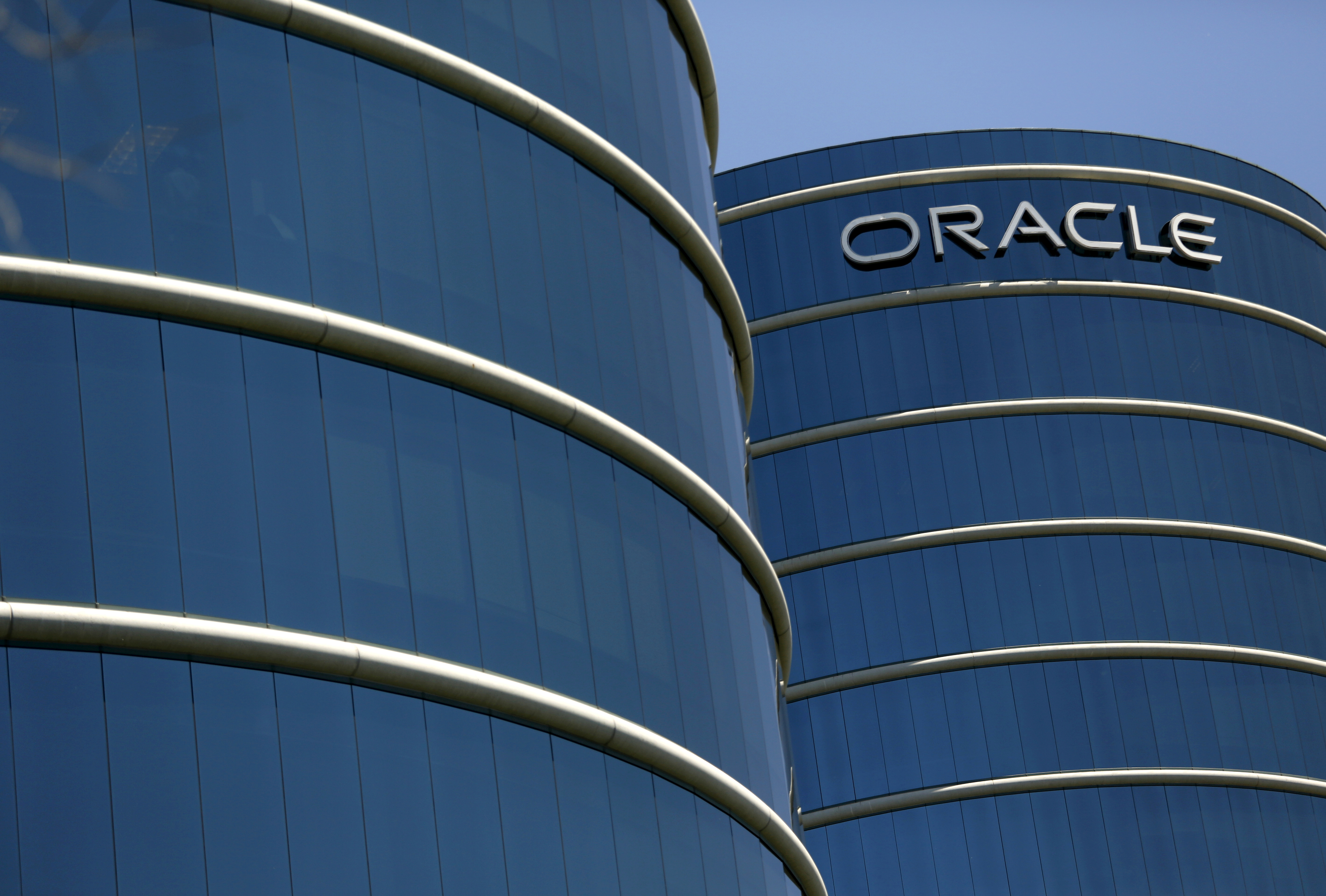 The Oracle logo is seen on its campus in Redwood City