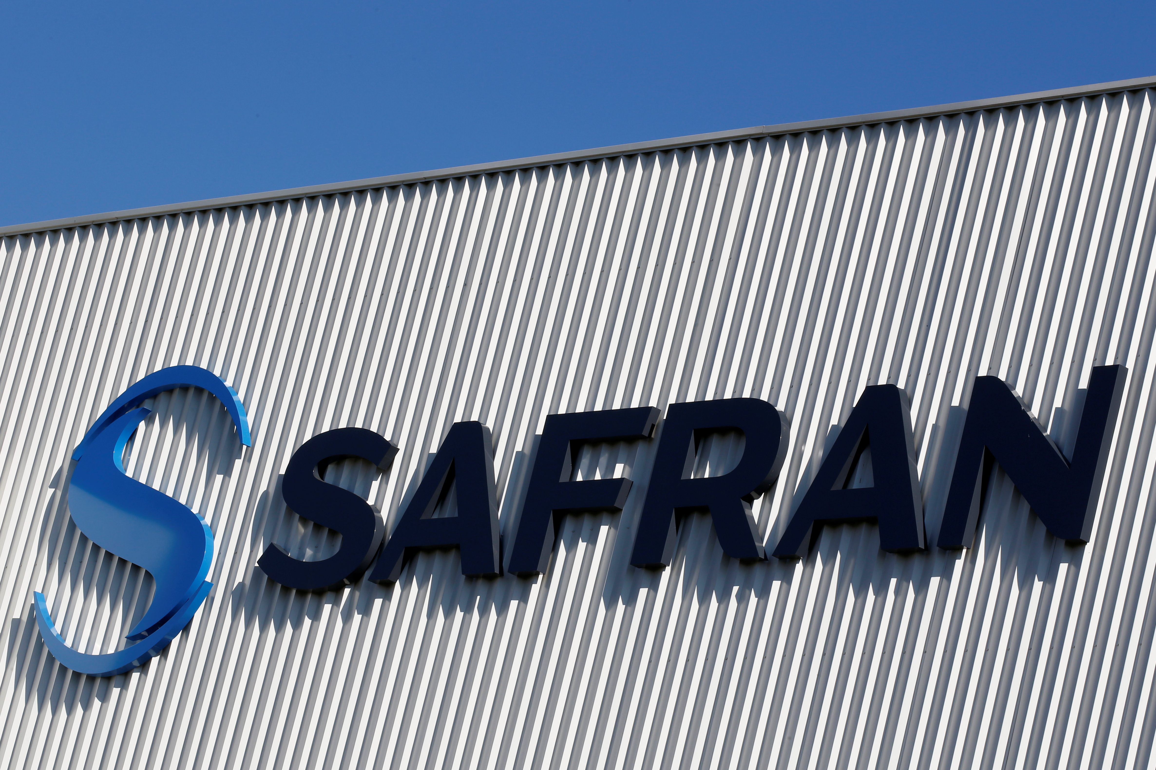 The Safran company logo is pictured at the company's logistic area in Colomiers near Toulouse