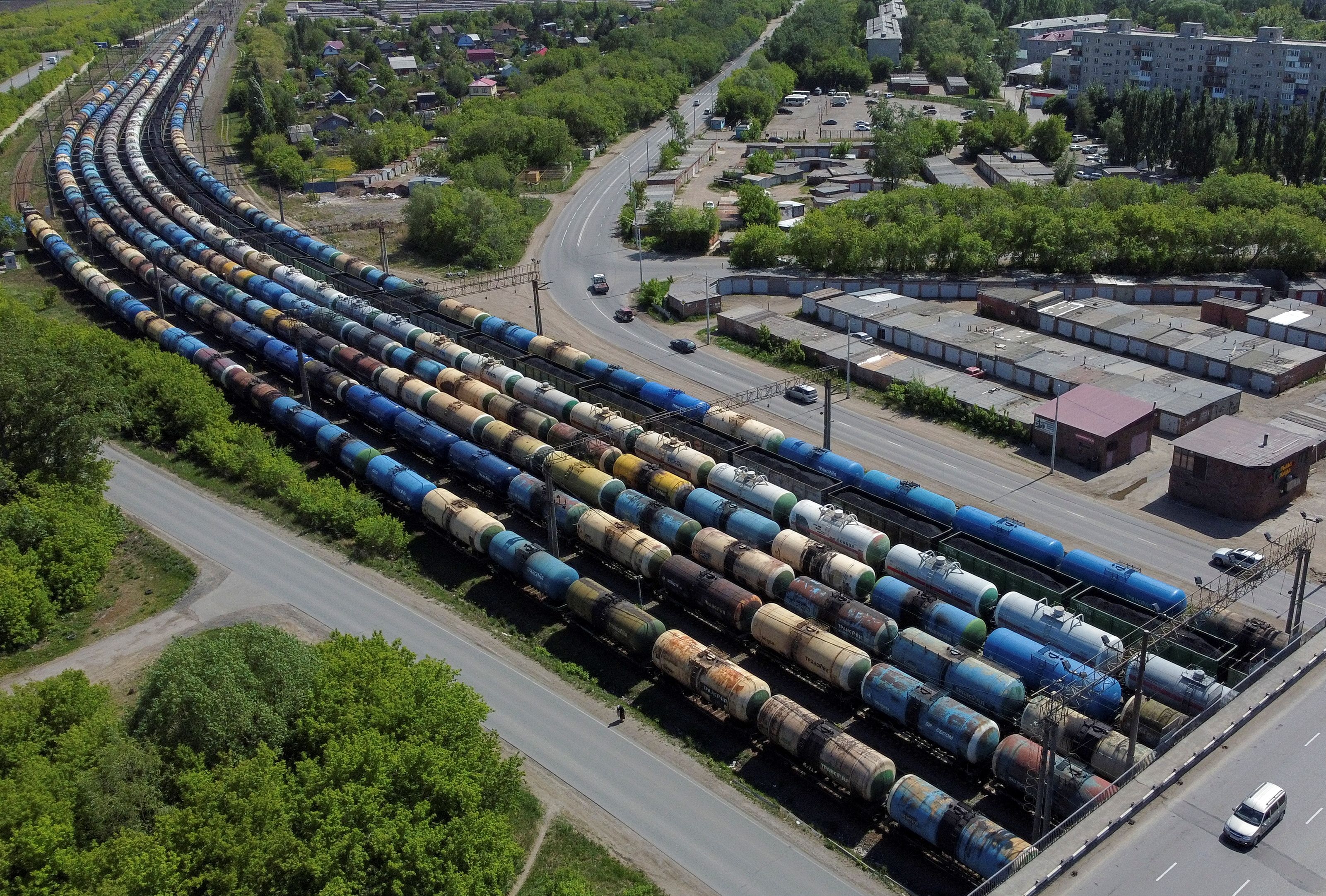 An aerial view shows oil tank cars and railroad freight wagons in Omsk