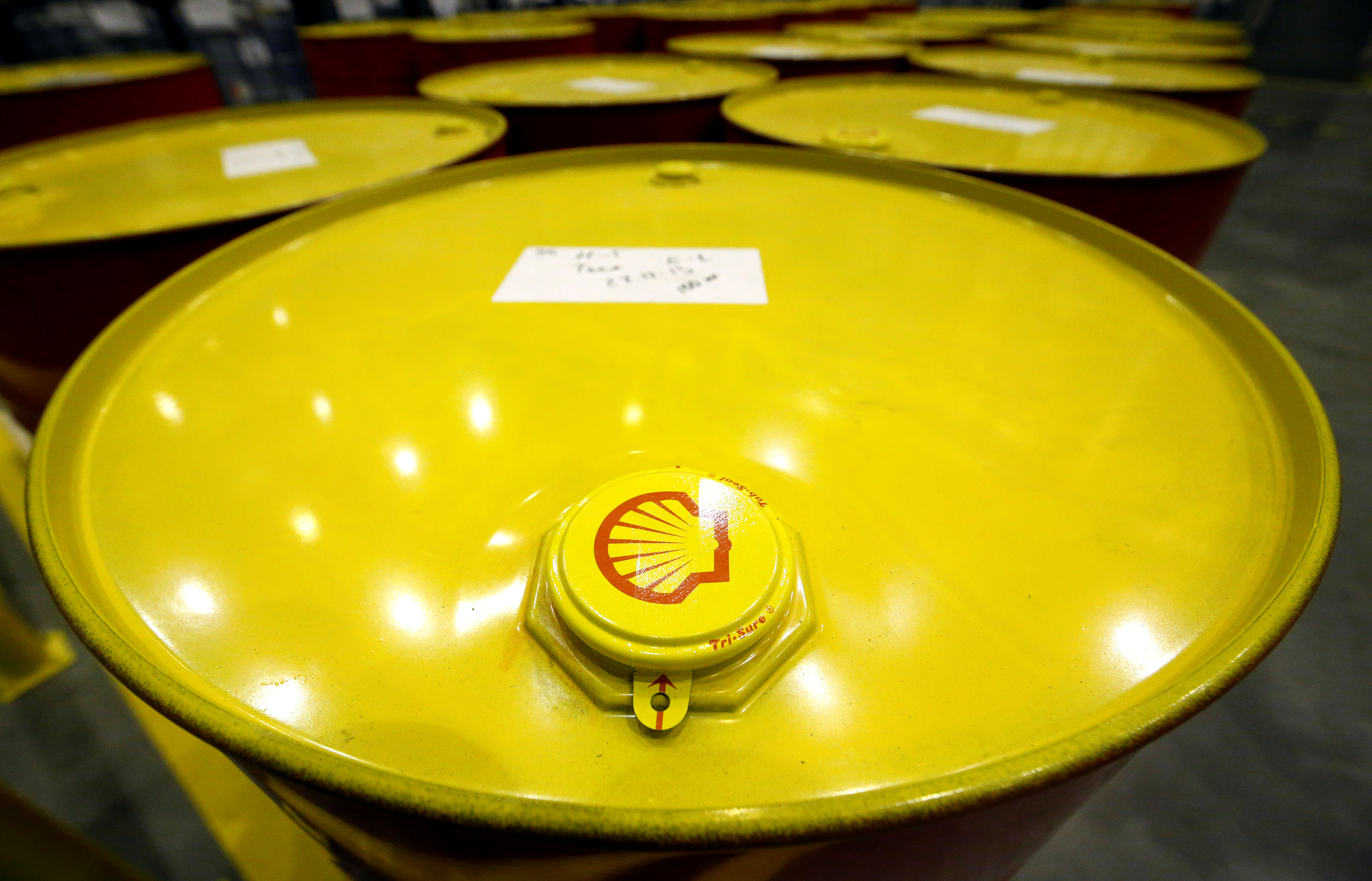 Filled oil drums are seen at Royal Dutch Shell Plc's lubricants blending plant in the town of Torzhok