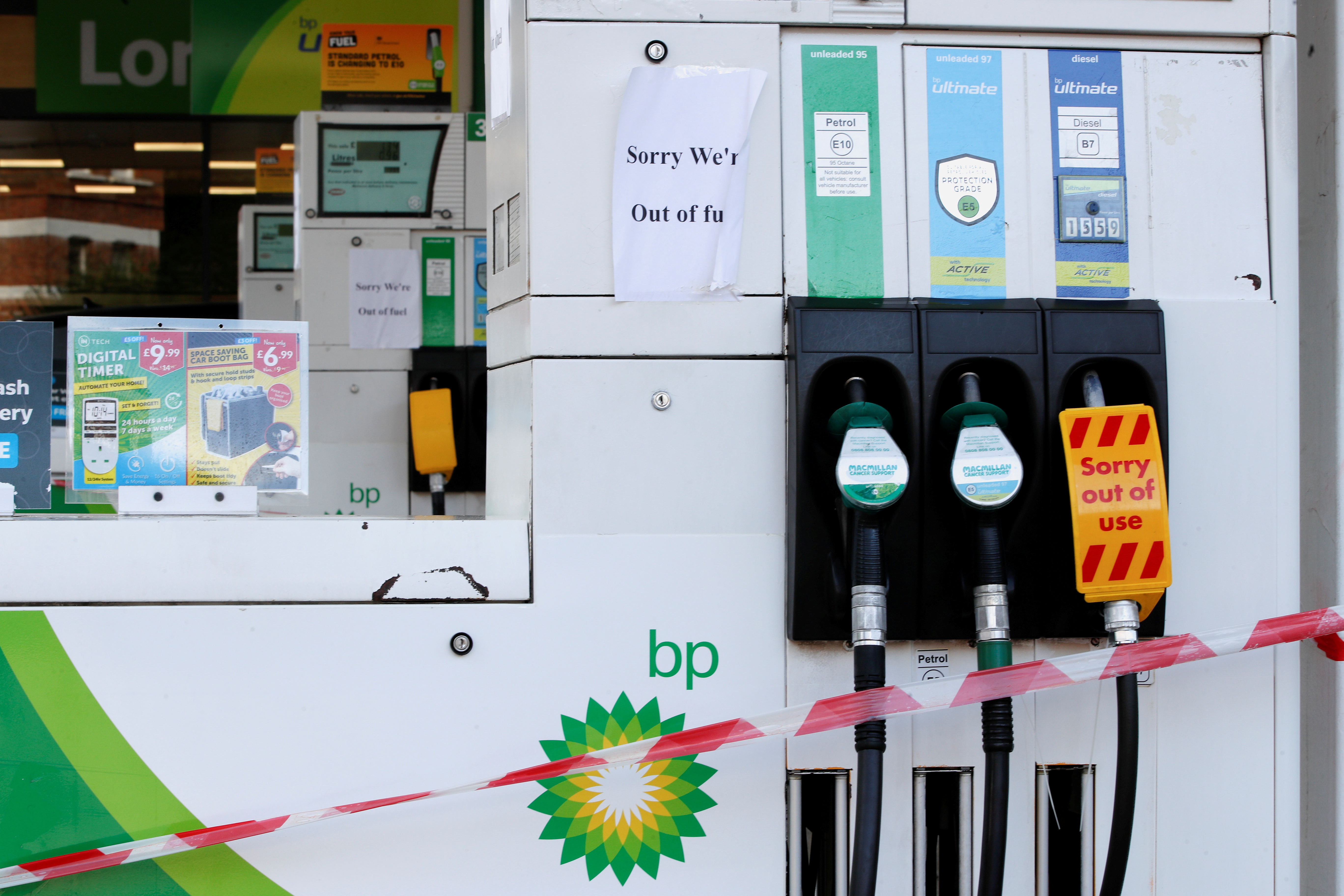 A BP petrol station that has ran out of fuel is seen in London, Britain, September 26, 2021. REUTERS/Paul Childs