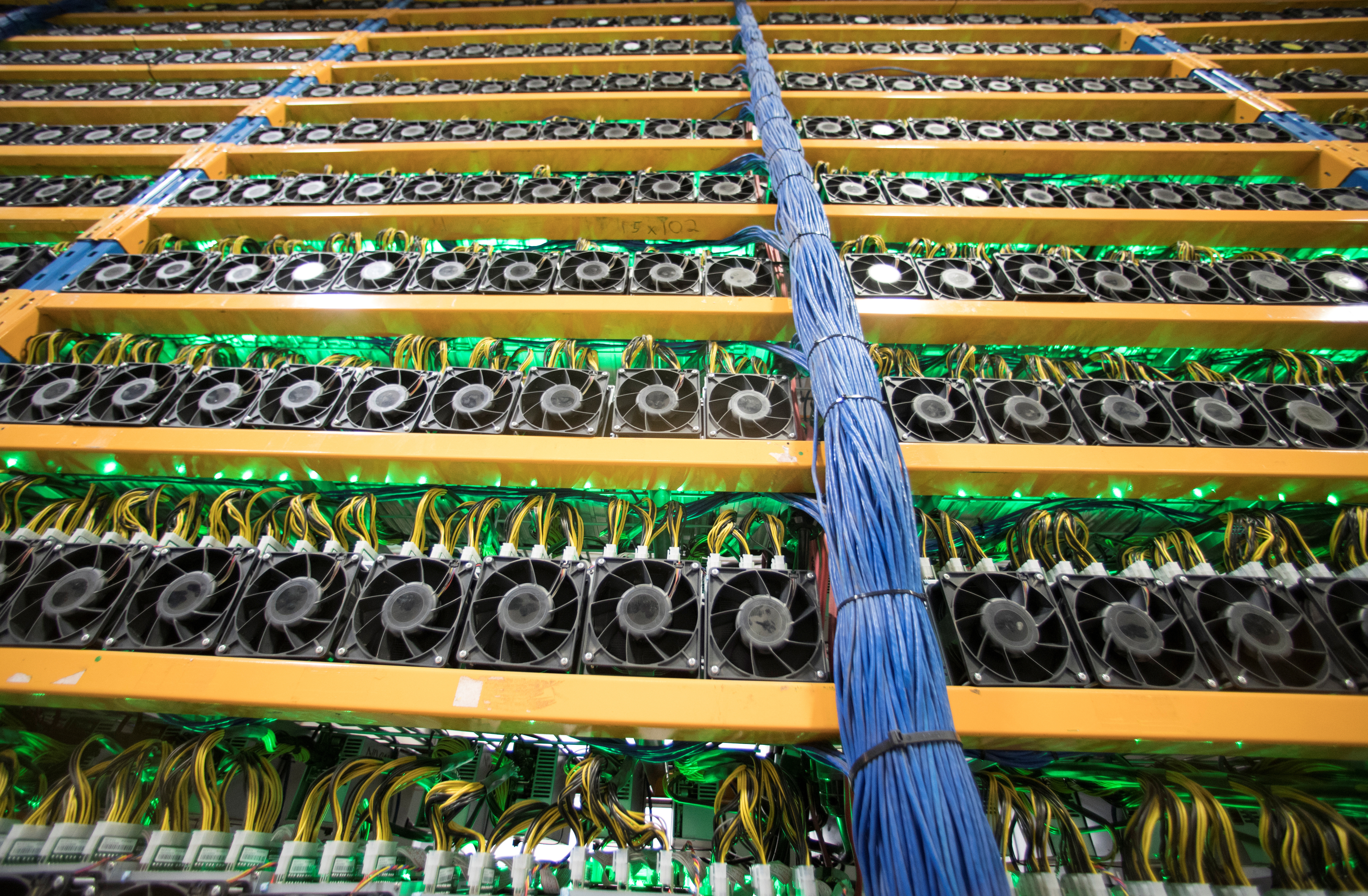 A wall of miners seen at the cryptocurrency farming operation Bitfarms in Farnham, Quebec