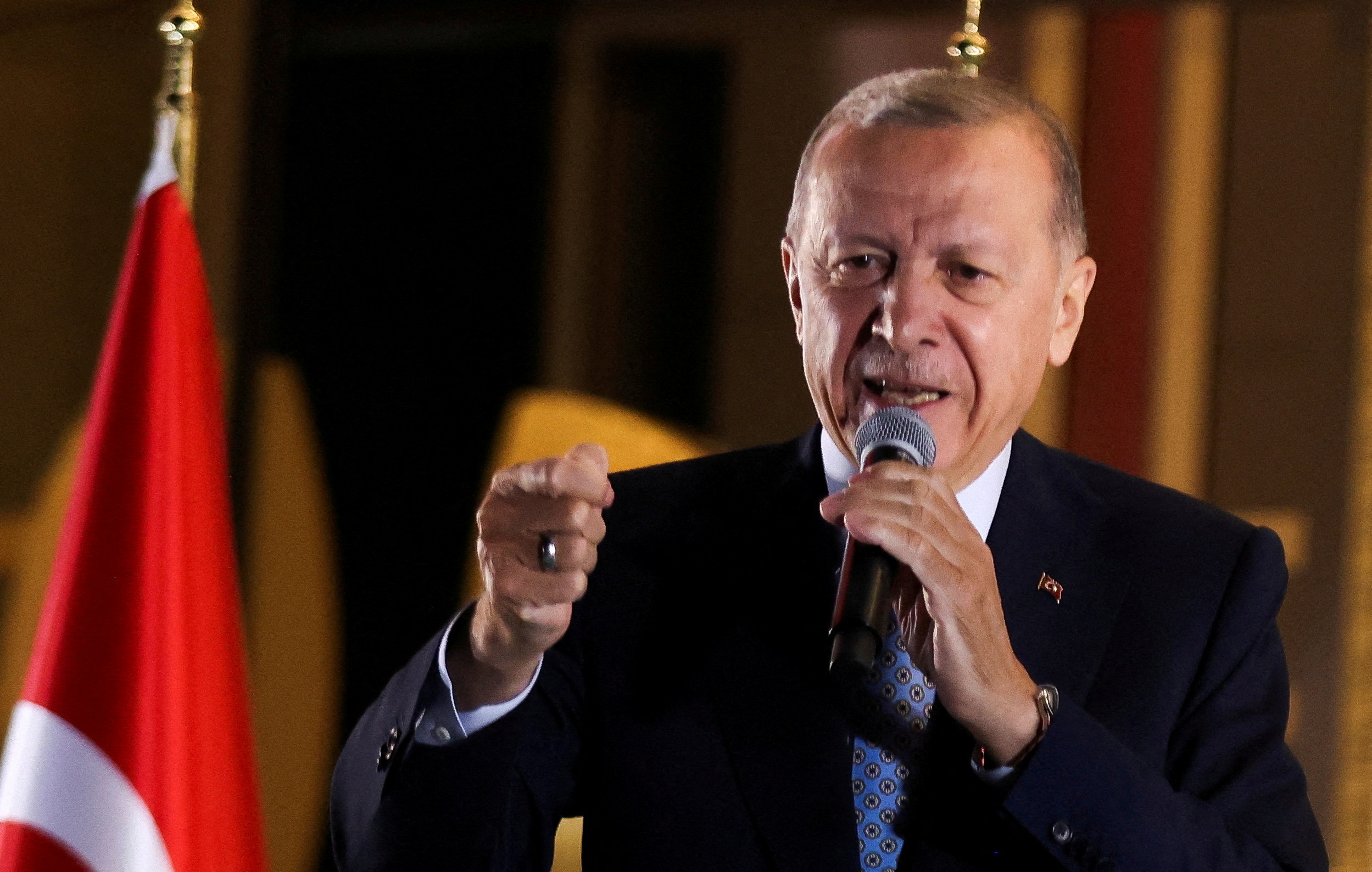 Turkish President Tayyip Erdogan addresses supporters in Ankara after the second round of the presidential election