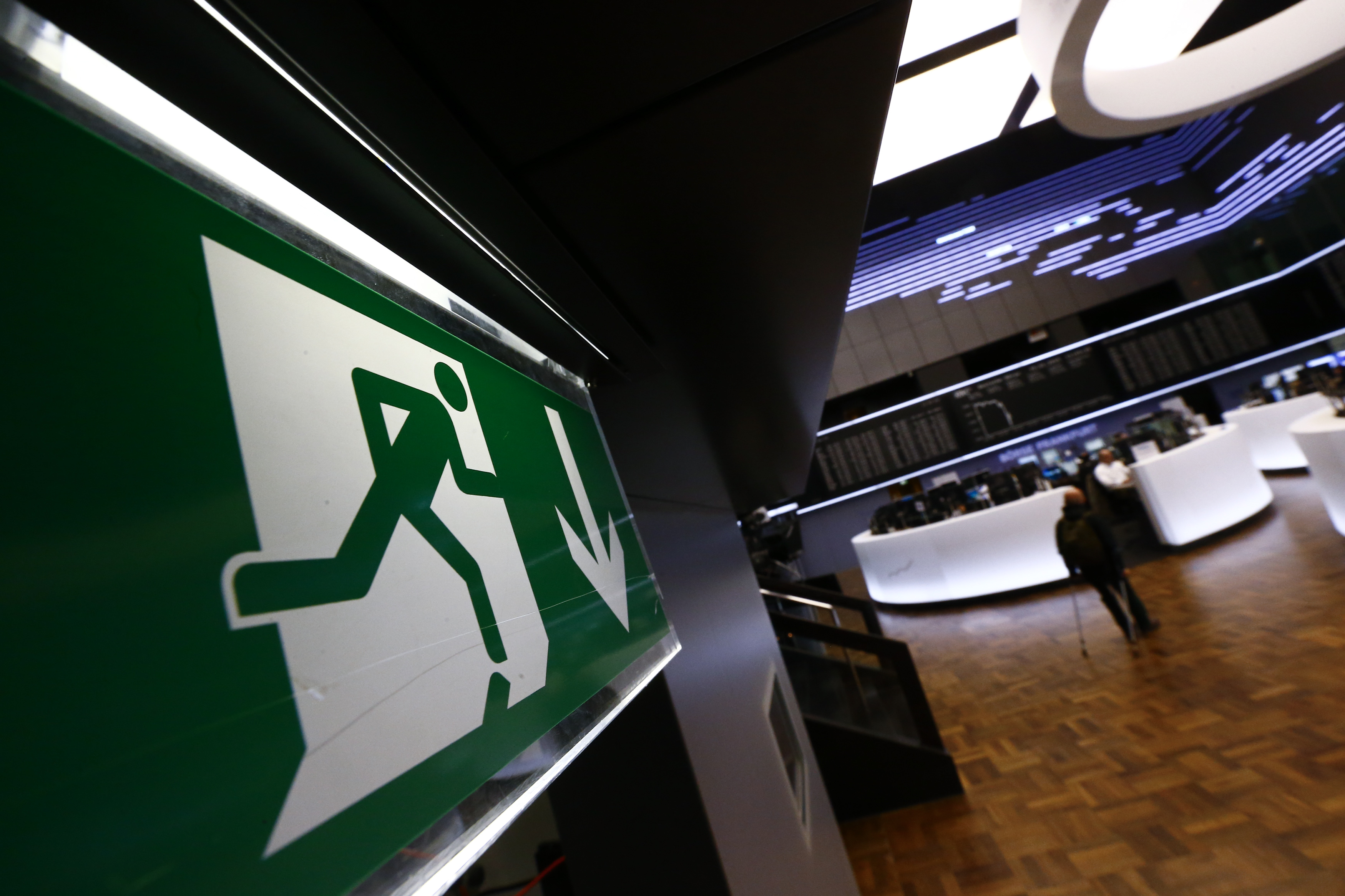 An exit sign is pictured at the Frankfurt stock exchange