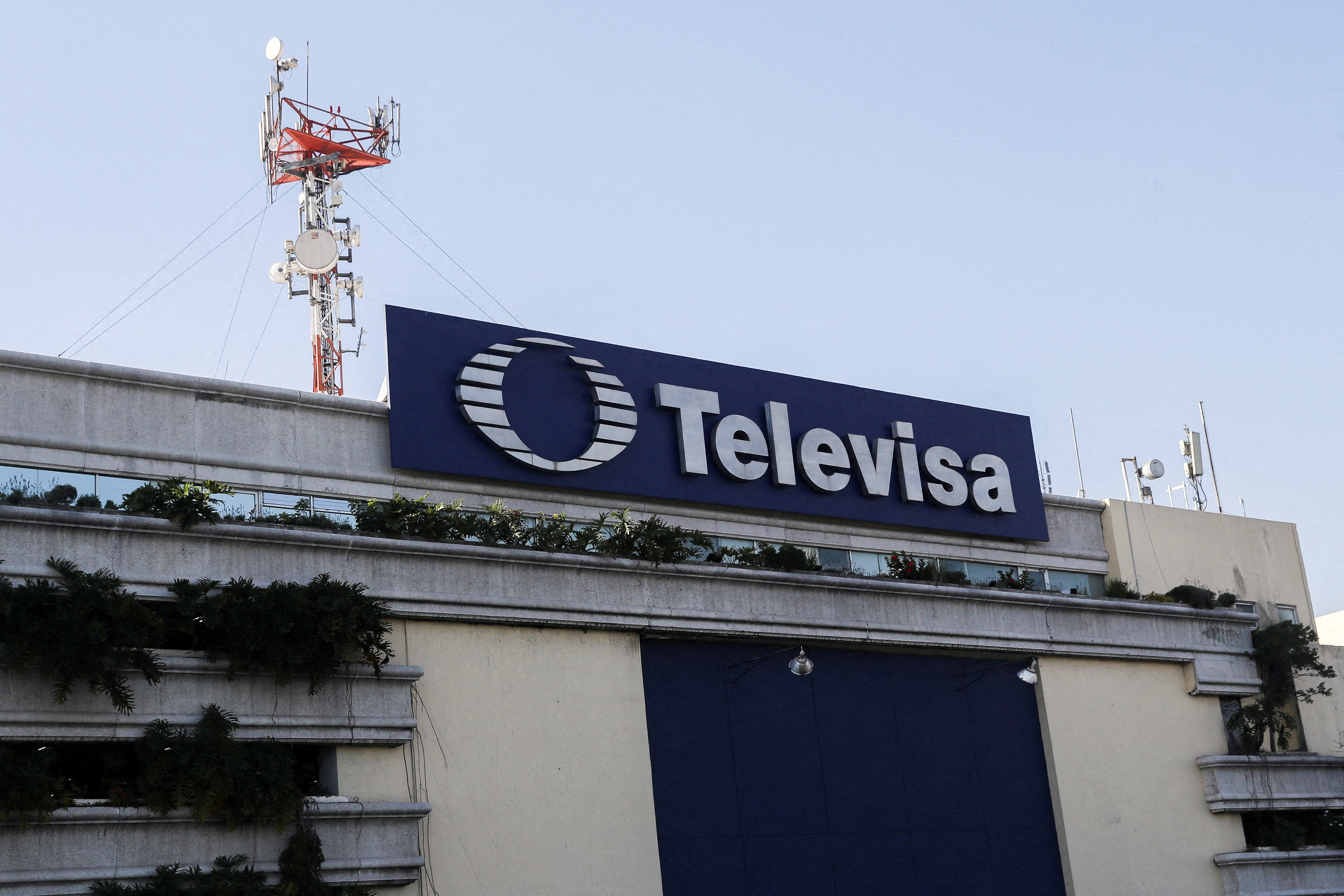 The logo of broadcaster Televisa is seen outside its headquarters in Mexico City
