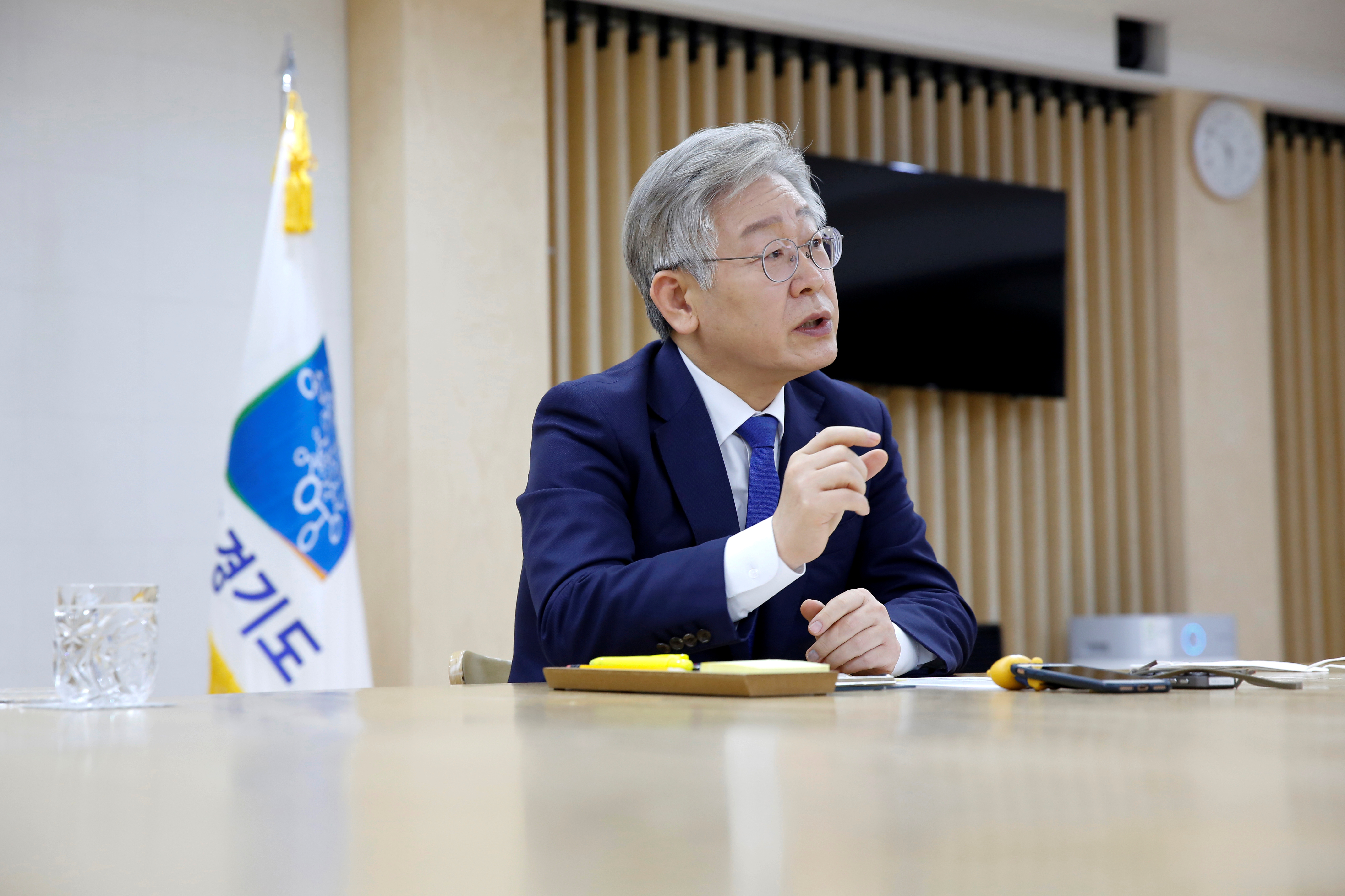 Gyeonggi Province Governor Lee Jae-myung speaks during an interview with Reuters in Suwon