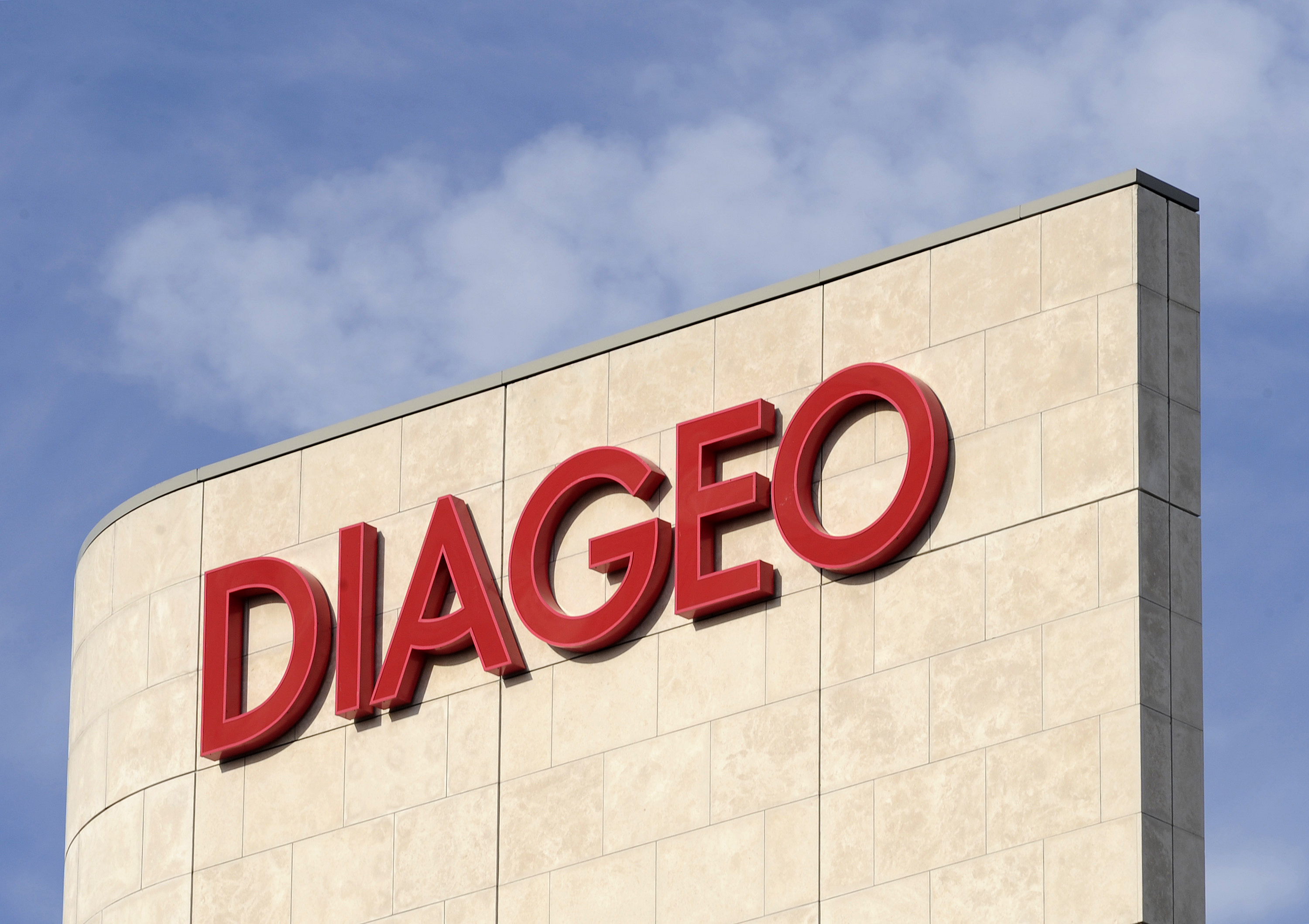 Signage is seen on the outside of Diageo offices in west London